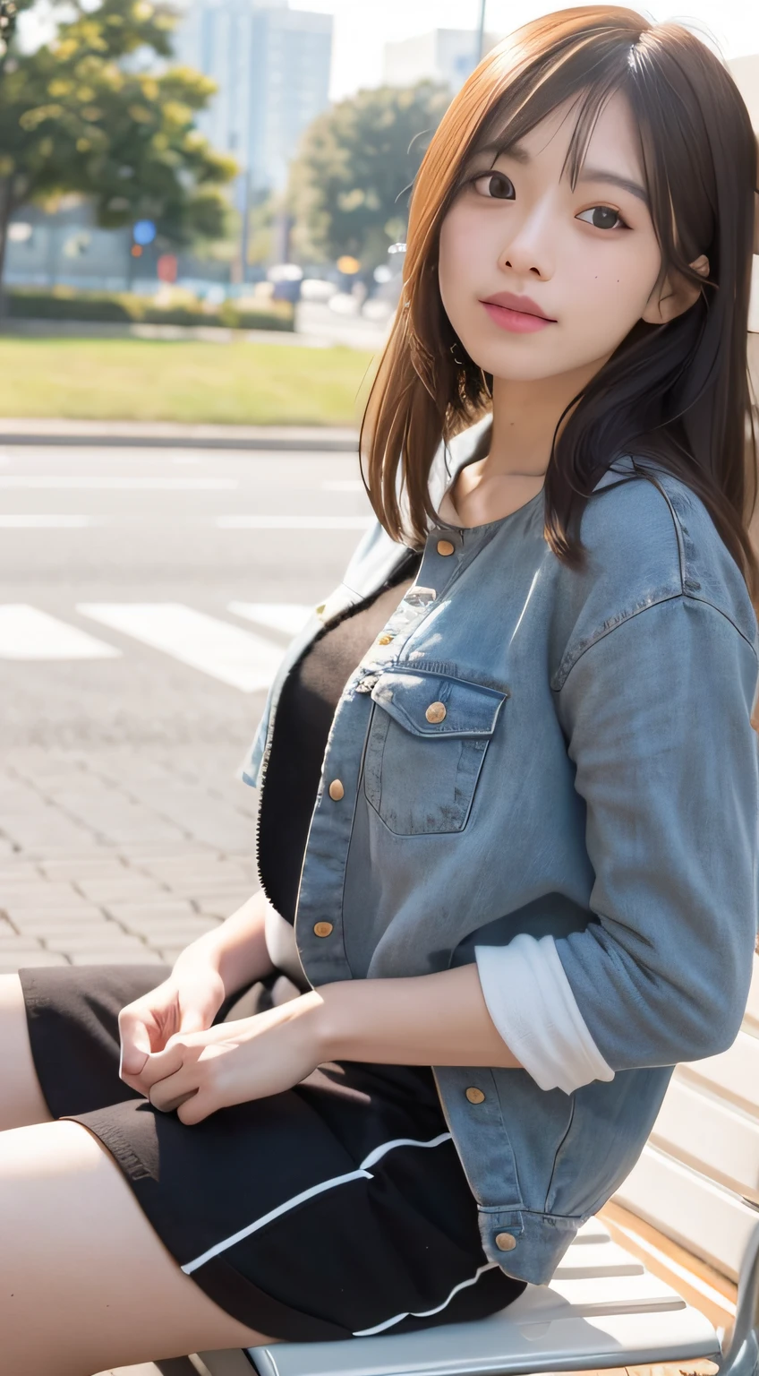 mix4, 20 days, Solo, Long_Hair, Nanase Nishino, Haruka Kaki, park, bench, Seated, (8K, RAW photography, Best quality, Masterpiece:1.2), (Realistic, Photorealistic: 1.37), Professional lighting, photon maping, Radio City, physically-based renderingt