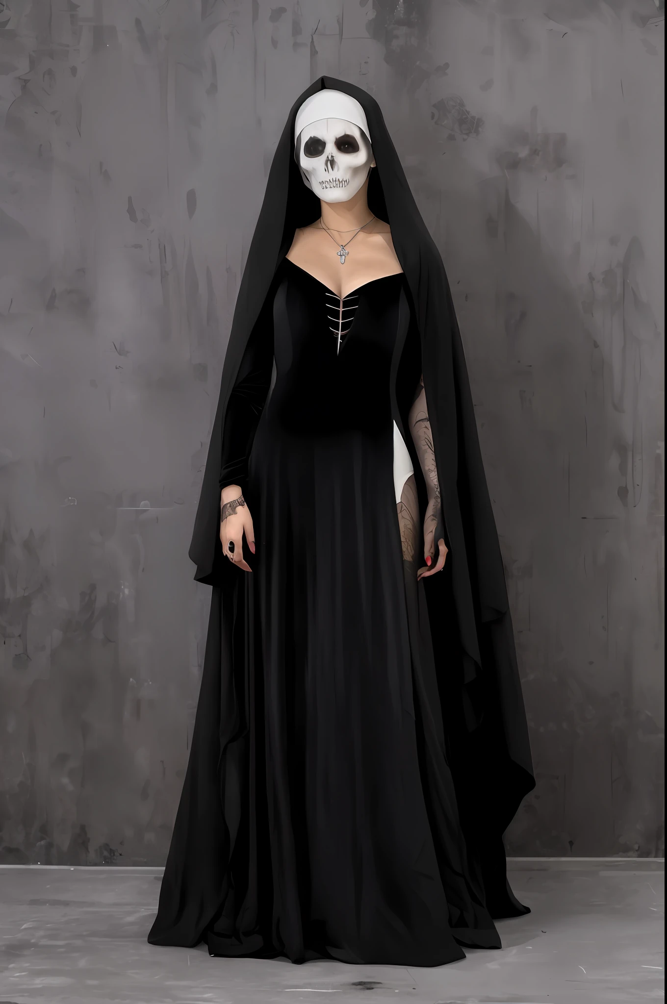 (obra-prima), (alta qualidade), (melhor qualidade), Freira Arafed em um vestido preto com uma faca e uma cruz, Bem Modelo de Moda, Bem Enxoval, Vampiros Agora, single scary female vampire nun, Uma freira malvada, modelo de moda freira olhando para cima, agora, dark sorceress full view, Assustadora Rainha da Morte, Saint Skeleton Rainha, gothic maiden, Bruxa Vestida Escura, bruxa feiticeira do mal