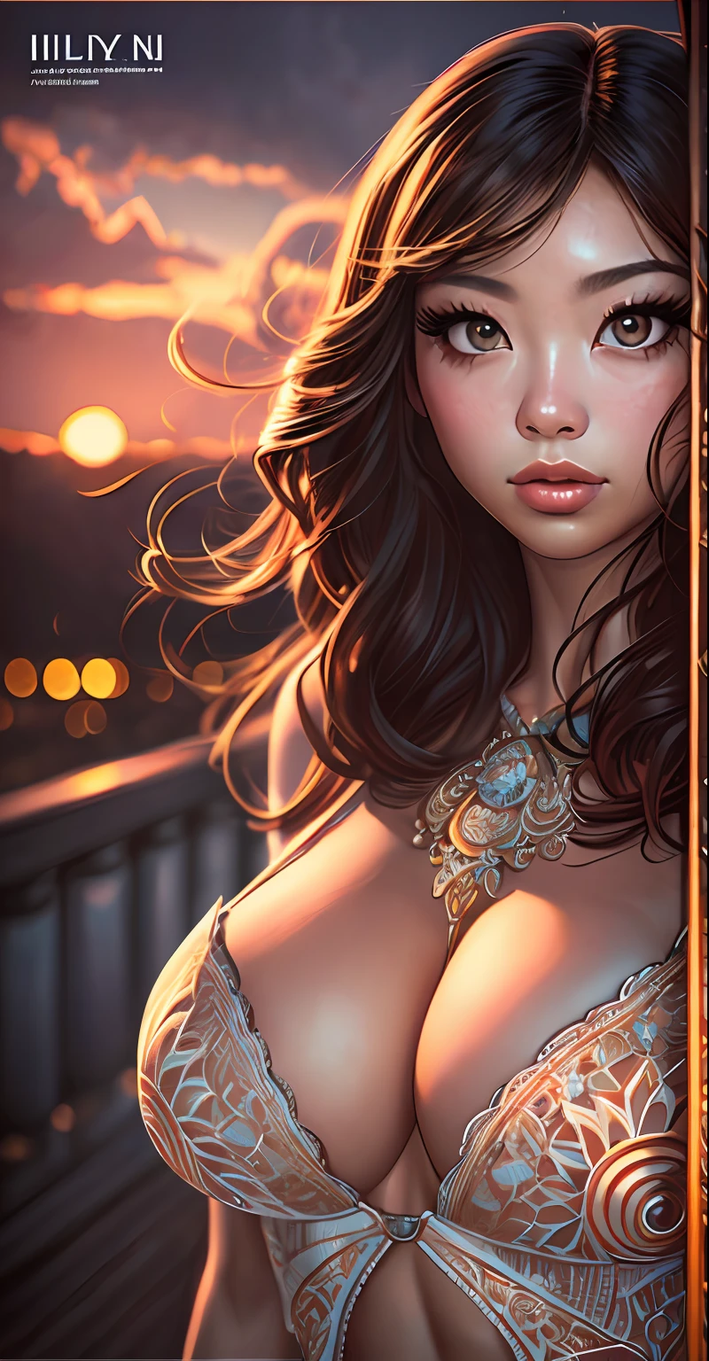 handsome body, Huge boobs, Photorealistic, ((intensely detailed)), korean female, hyper-detailing, Warm tones, intricate details, volumetric, art by Iliya Kuvshinov, a glaring eyes, Art Nouveau Arch, 85 mm, f1.8, portraite of a, photo-realistic, A hyper-realistic, Orange, Ultra-detailed, Intricate, dramatic, Sunset lighting, eye shadow, wide dynamic range, epic view