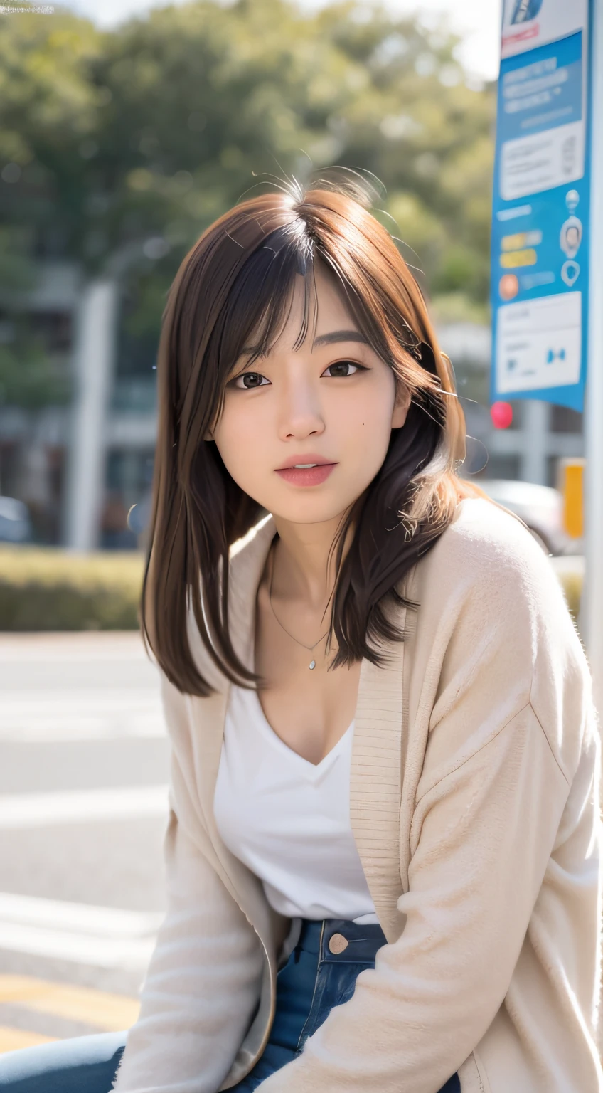 mix4, 20 days, Solo, Long_Hair, Nanase Nishino, Haruka Kaki, park, bench, Seated, (8K, RAW photography, Best quality, Masterpiece:1.2), (Realistic, Photorealistic: 1.37), Professional lighting, photon maping, Radio City, physically-based renderingt