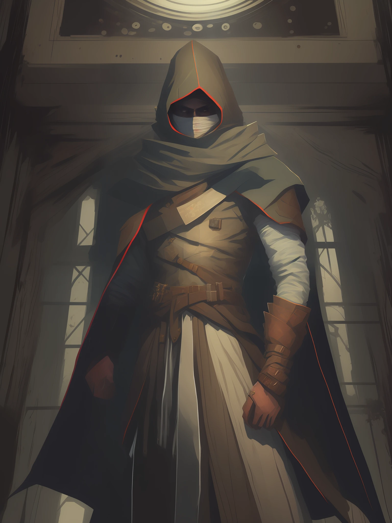 imagem arafed de um homem em um manto encapuzado e capa, Senhor Sith encapuzado encapuzado, Camuflada, epic RPG portrait, mago com capuz vermelho, Concept Art Digital Illustration, portrait of bedouin d&d, Estilo Andreas Rocha, Personagem de arte conceitual de RPG, RPG retrato arte conceitual, full art illustration, O Assassino Onipotente, retrato do livro do RPG