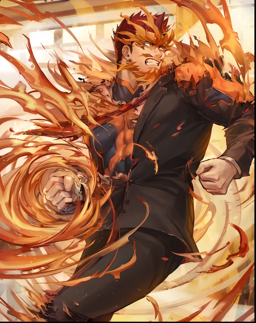 anime character with fire and flames in his hair running through a spiral, Infero Flamejante, fire!! corpo inteiro, fire behind him, Katekyo Hitman Renascido, cara bonito na arte demon slayer, engolfado em chamas turbulentas, Anime Wallaper, poderes de fogo fogo rodopiando, chamas ao redor do corpo, coroa de flores em chamas, flame conjuring, human and dragon fusion