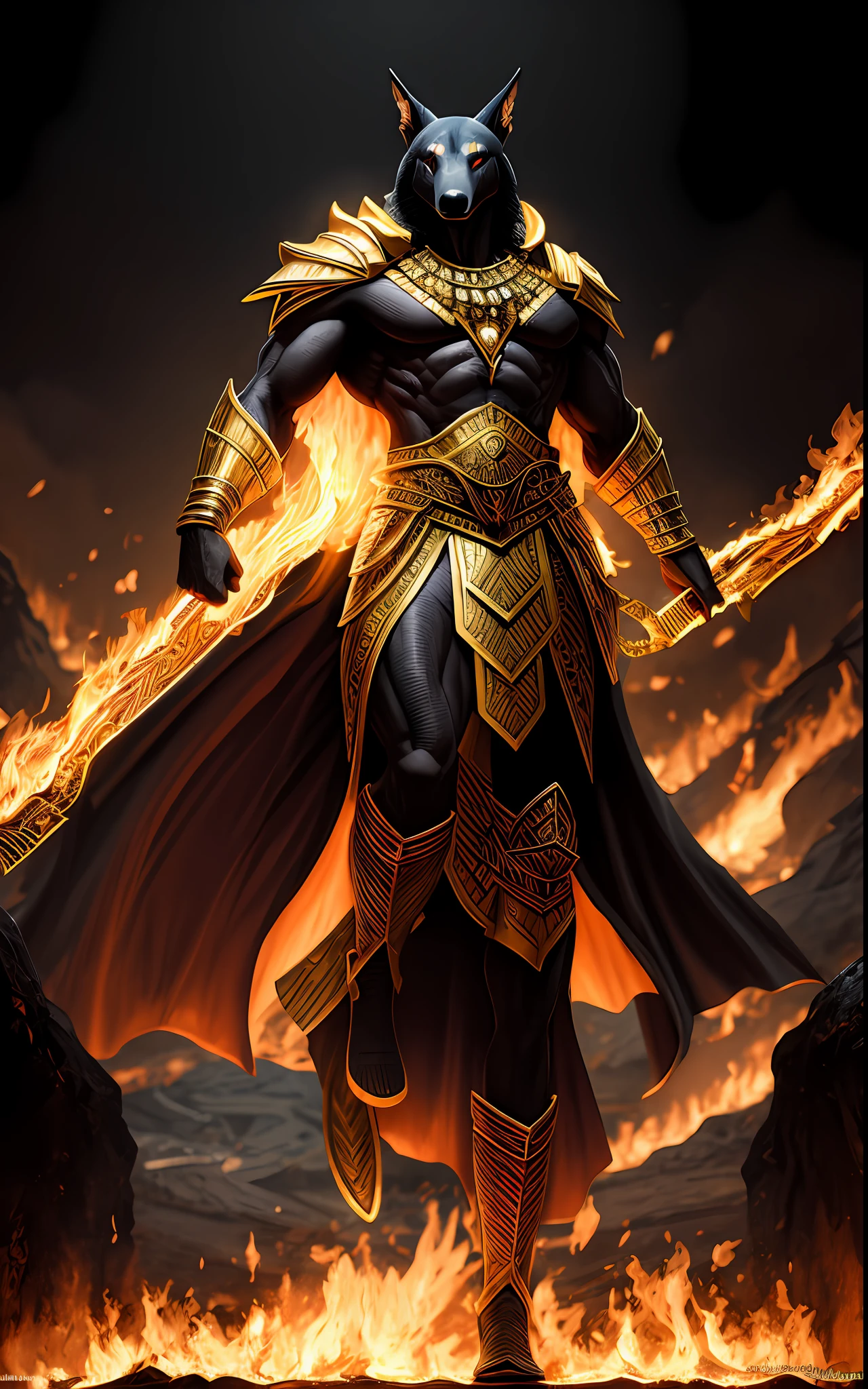 (high quality), photorealistic, (oil painting)
jewelry, (solo),
(dynamic pose), towards right, ((hell gate)), fire, hell landscape, (the underworld), (dark landscape),
anubis, egyptian jackal headed god, anthro, muscular, (holding golden scales), dynamic pose, cinematic, dramatic camera angle, golden armor:0.25, black & gold cape, (good anatomy), (good proportions), award winning, masterpiece, centered,