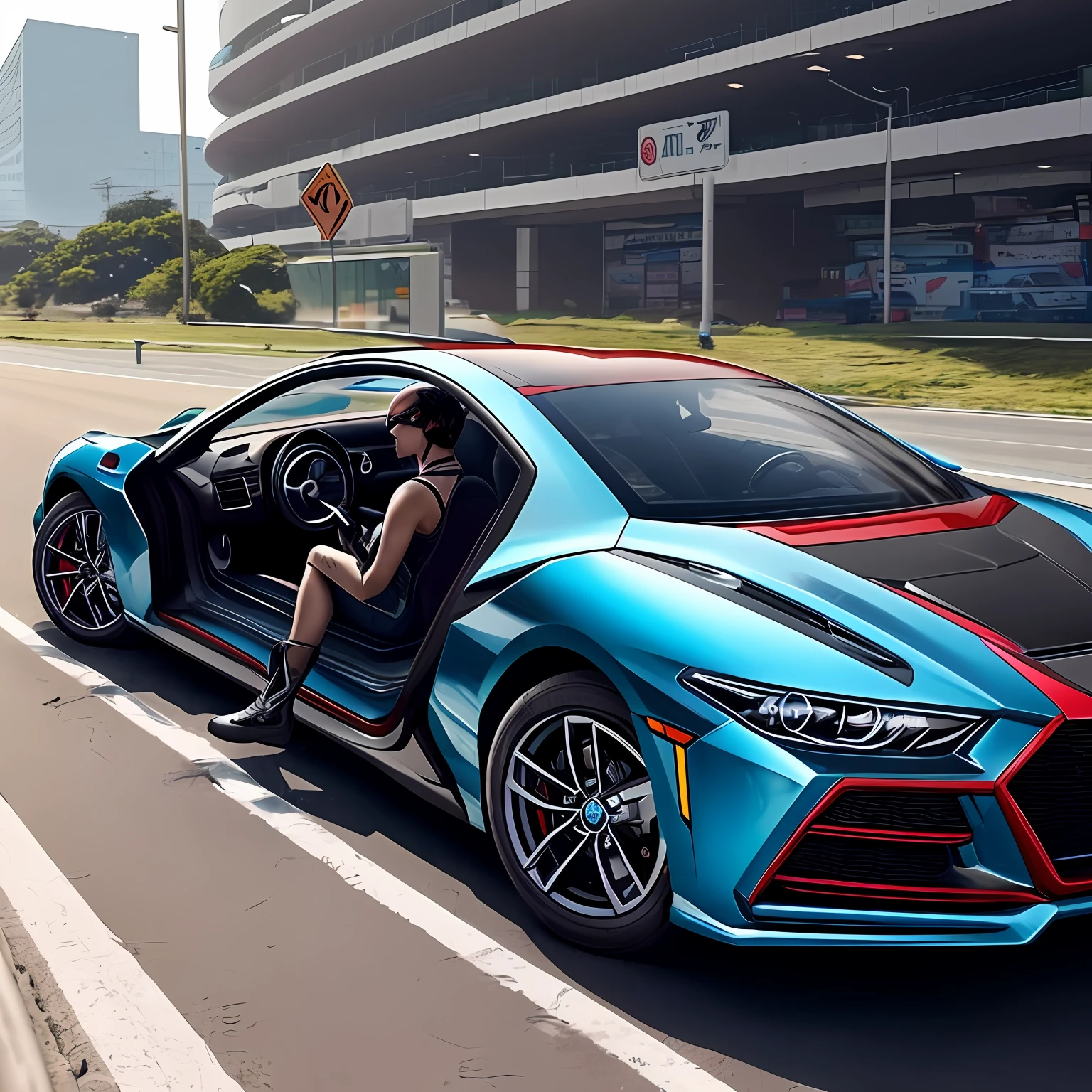 Um androide cyberpunk dirigindo um carro esportivo, em uma rodovia. --auto