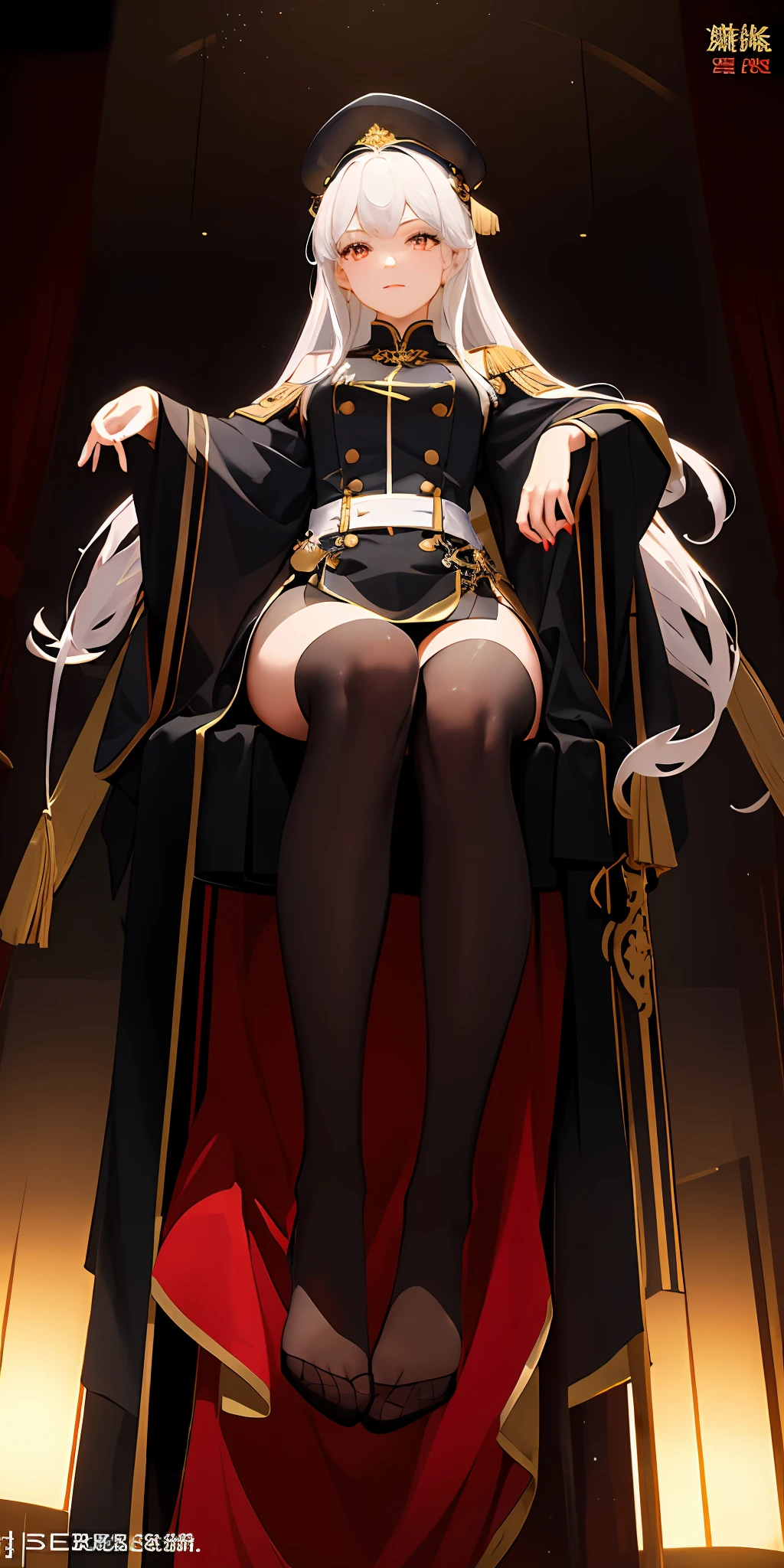 (Masterpiece:1.2), Best quality, (illustration:1.2), (Ultra-detailed), 超详细信息, (细腻细致), (Intricate details), (Cinematic light, 最优质的背光), 清晰的线条, From below, solo female,perfect bodies,(1girll),White hair and red eyes,(black pantyhoses),(Black military cap:1.1),sitting on an royal throne,Tajiro legs,low head,low head,(is shy:1.2 ), ((Makeup)), High contrast, (Best illumination, an extremely create and beautiful), ((Cinematic light)), Bright colors,