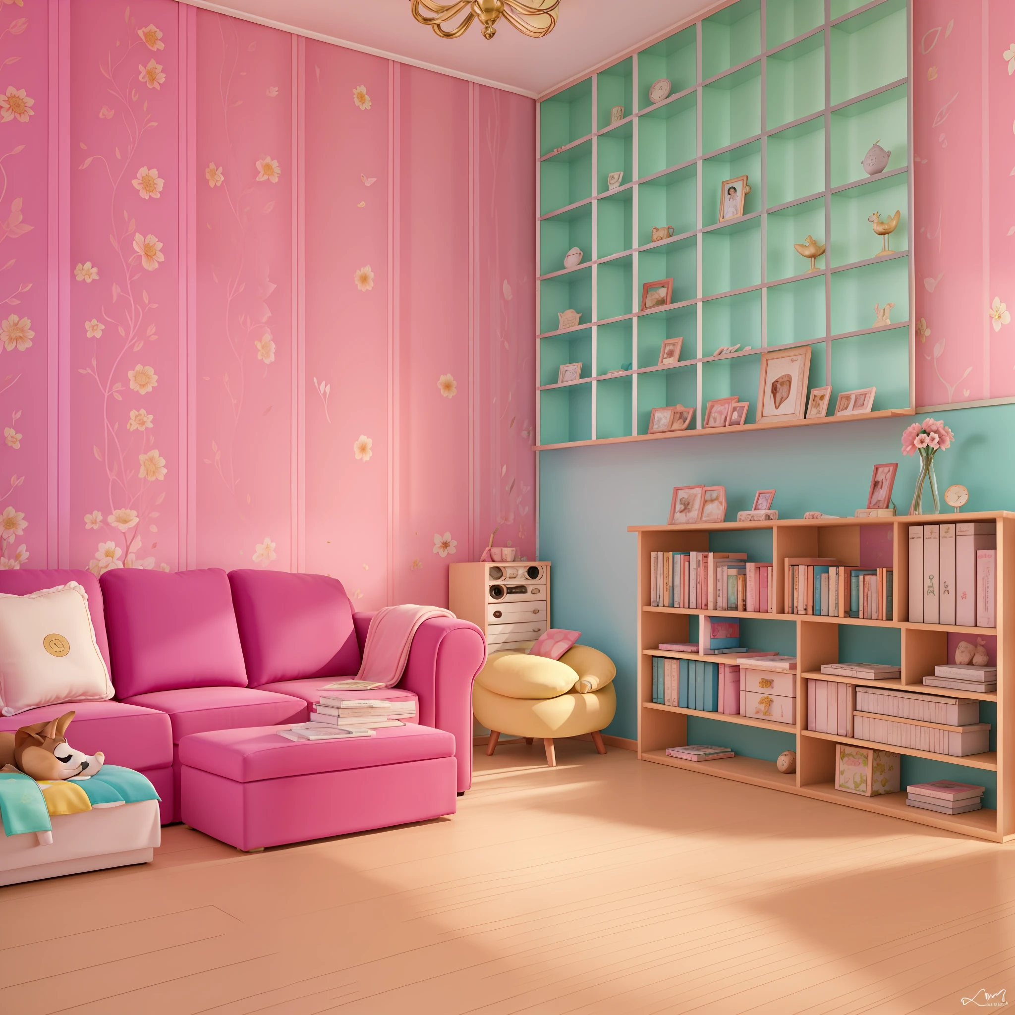 Sala de estar, tapete redondo pink, flores na parede, mesinha com fotos e livros, sala de musica