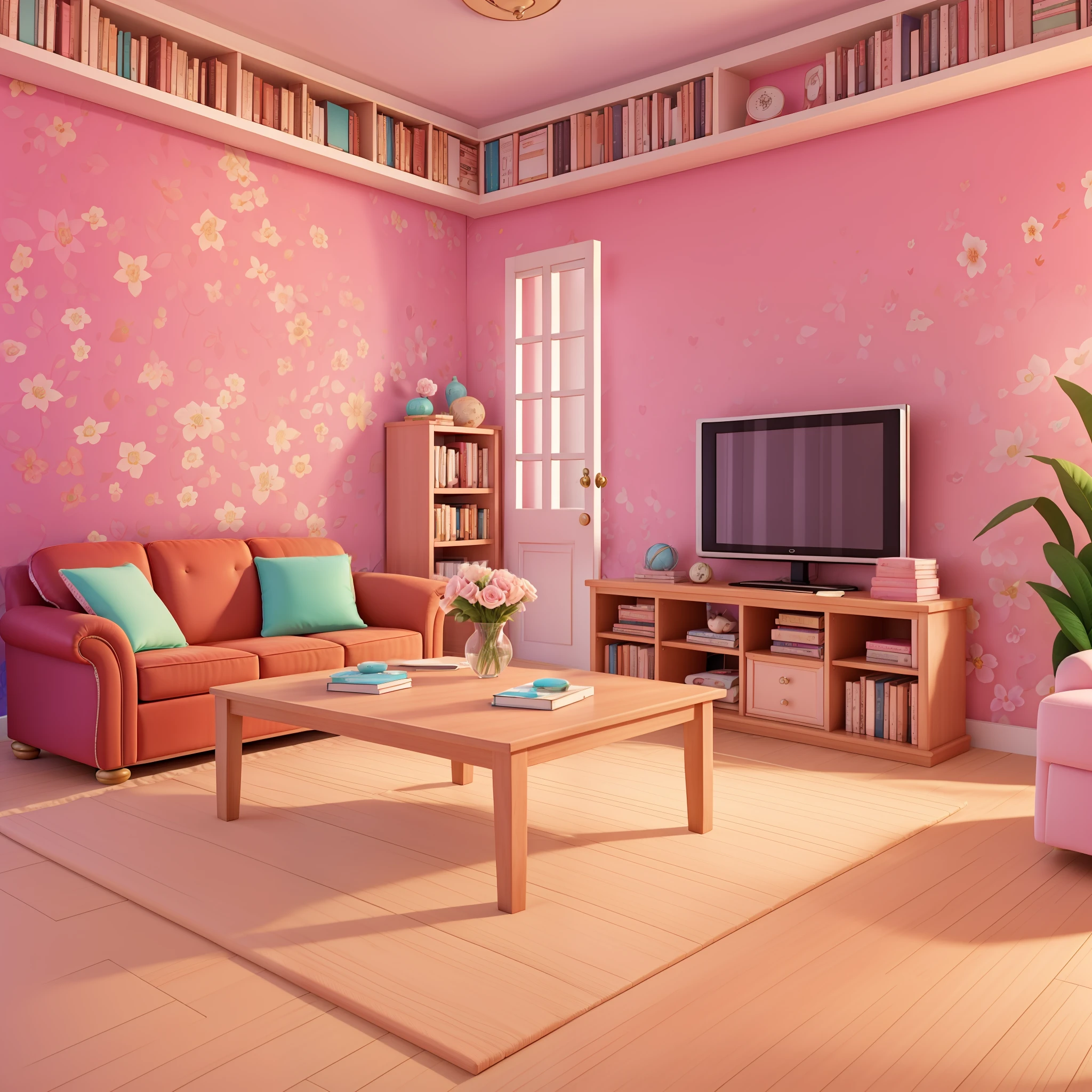 Sala de estar, tapete redondo pink, flores na parede, mesinha com fotos e livros, sala de musica