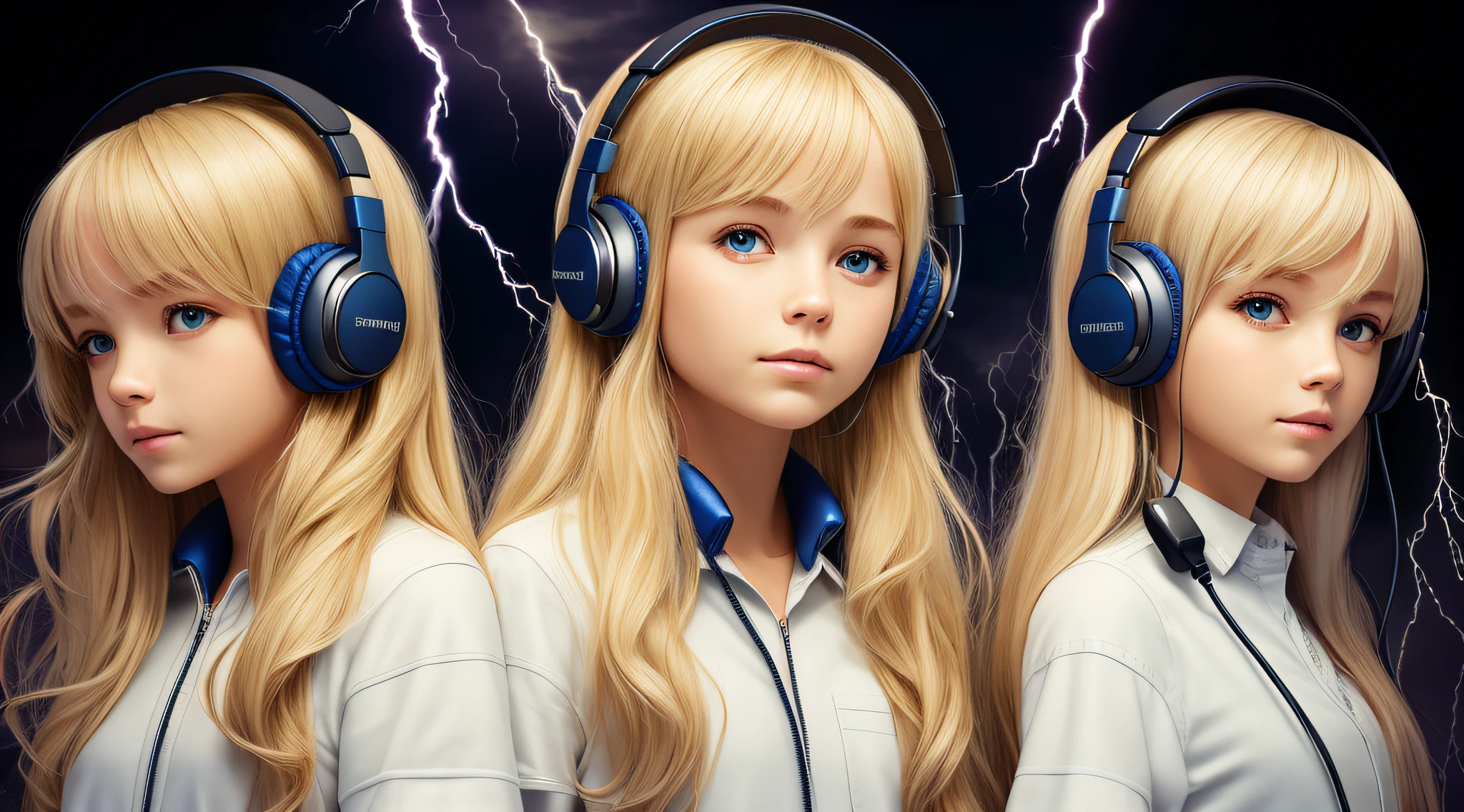 Blond-haired triplets,Headphones with lightning in the background,