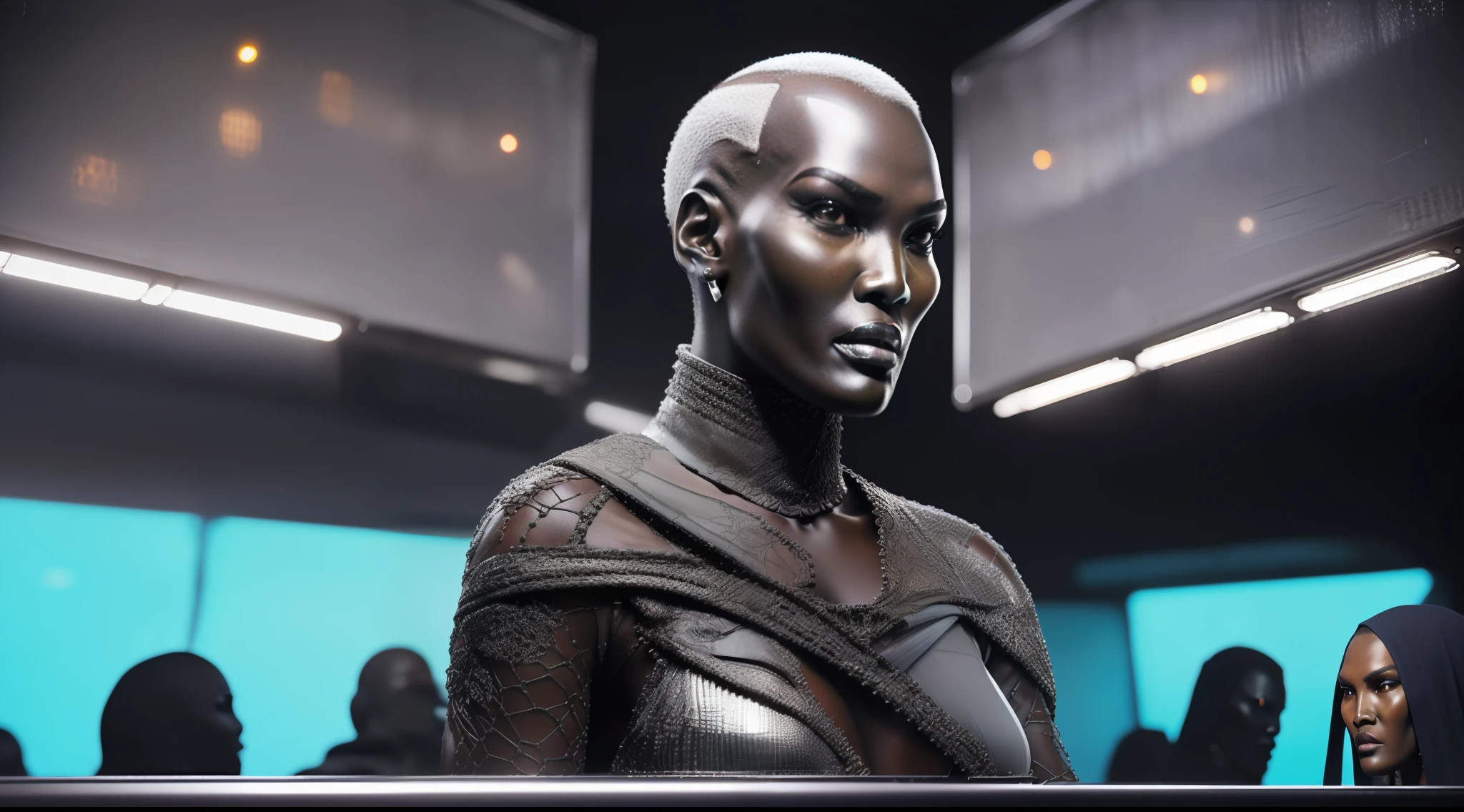 (8k, ARTISTIC photography, best quality, masterpiece: 1.2), (realistic, photorealistic: 1.37), (((Grace Jones))) over-detailed, (high-detail skin: 1.2), 8k uhd, SLR camera, soft lighting, high quality, film grain, Arri Alexa, cinematic lighting, photonic display, brightness, physically rendered photo, Denis Villeneuve's Neuromancer, (80s style elegant Female villain in a nightclub), ( red neon sign background lights) ((no smile)), over-detailed face, (((African woman, Bald head )) (((Grace Jones))), cybernetics (( dressed futuristic Gortex tactical Harnest), ((( Silver clothes )), ((( intricate outfits))), posing, in a nightclub with neon lights, dark nightclub, Anamorphic flares (((pure 8K))), (((perfect anatomy))), extremely high-quality graphics, Riddley Scott, Blade Runner, Denis Villeneuve cinematography (((cinematic lighting))), ((clear details)), complex, highly detailed background,