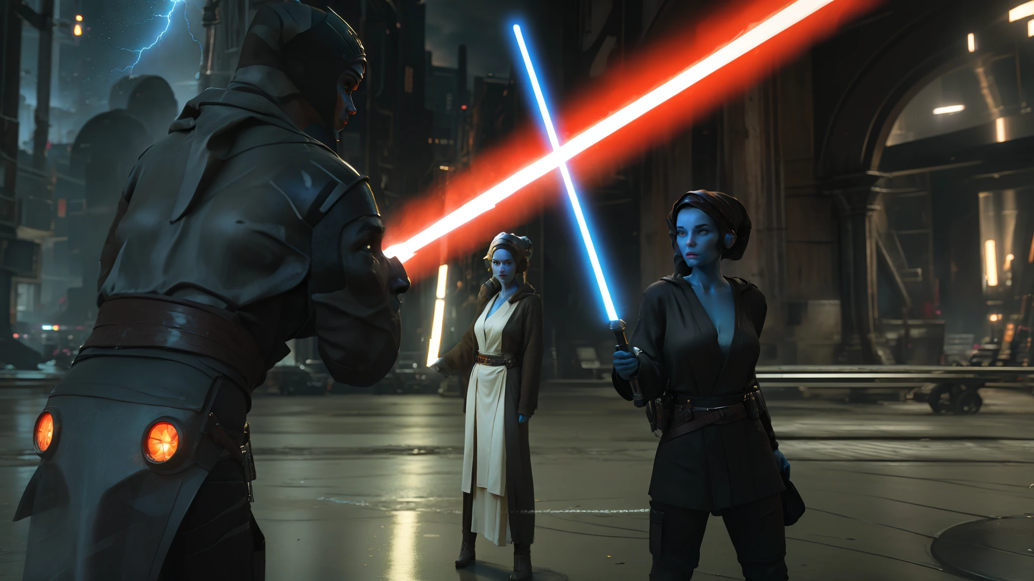 make realistic, 3d, female face, lekku, twi'lek, blue skin, Dark Jedi Robes, ambient lightning