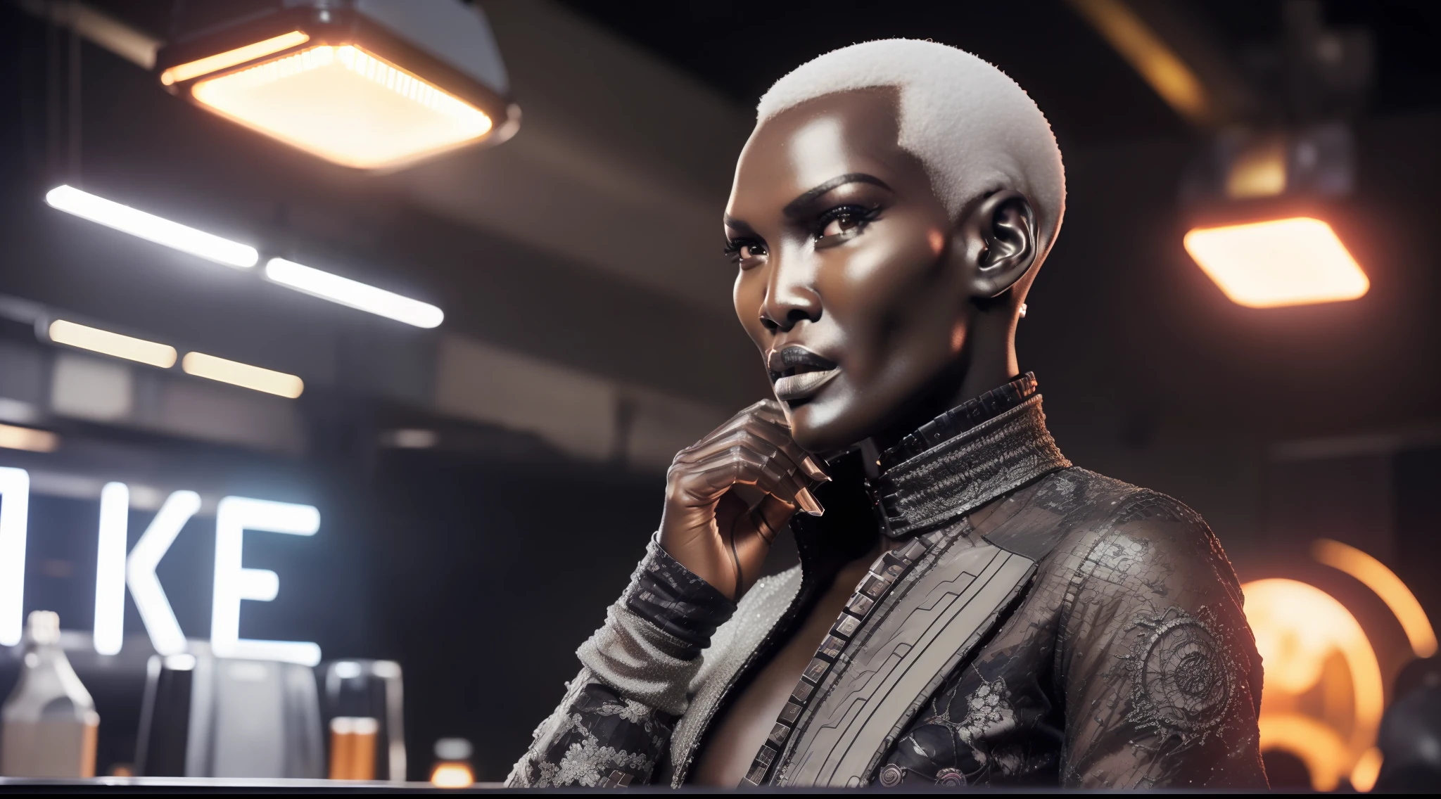 (8k, ARTISTIC photography, best quality, masterpiece: 1.2), (realistic, photorealistic: 1.37), (((Grace Jones))) over-detailed, (high-detail skin: 1.2), 8k uhd, SLR camera, soft lighting, high quality, film grain, Arri Alexa, cinematic lighting, photonic display, brightness, physically rendered photo, Denis Villeneuve's Neuromancer, (80s style elegant Female villain in a nightclub), ( red neon sign background lights) ((no smile)), over-detailed face, (((African woman, Bald head )) (((Grace Jones))), cybernetics (( dressed futuristic Gortex tactical Harnest), ((( Silver clothes )), ((( intricate outfits))), posing, in a nightclub with neon lights, dark nightclub, Anamorphic flares (((pure 8K))), (((perfect anatomy))), extremely high-quality graphics, Riddley Scott, Blade Runner, Denis Villeneuve cinematography (((cinematic lighting))), ((clear details)), complex, highly detailed background,