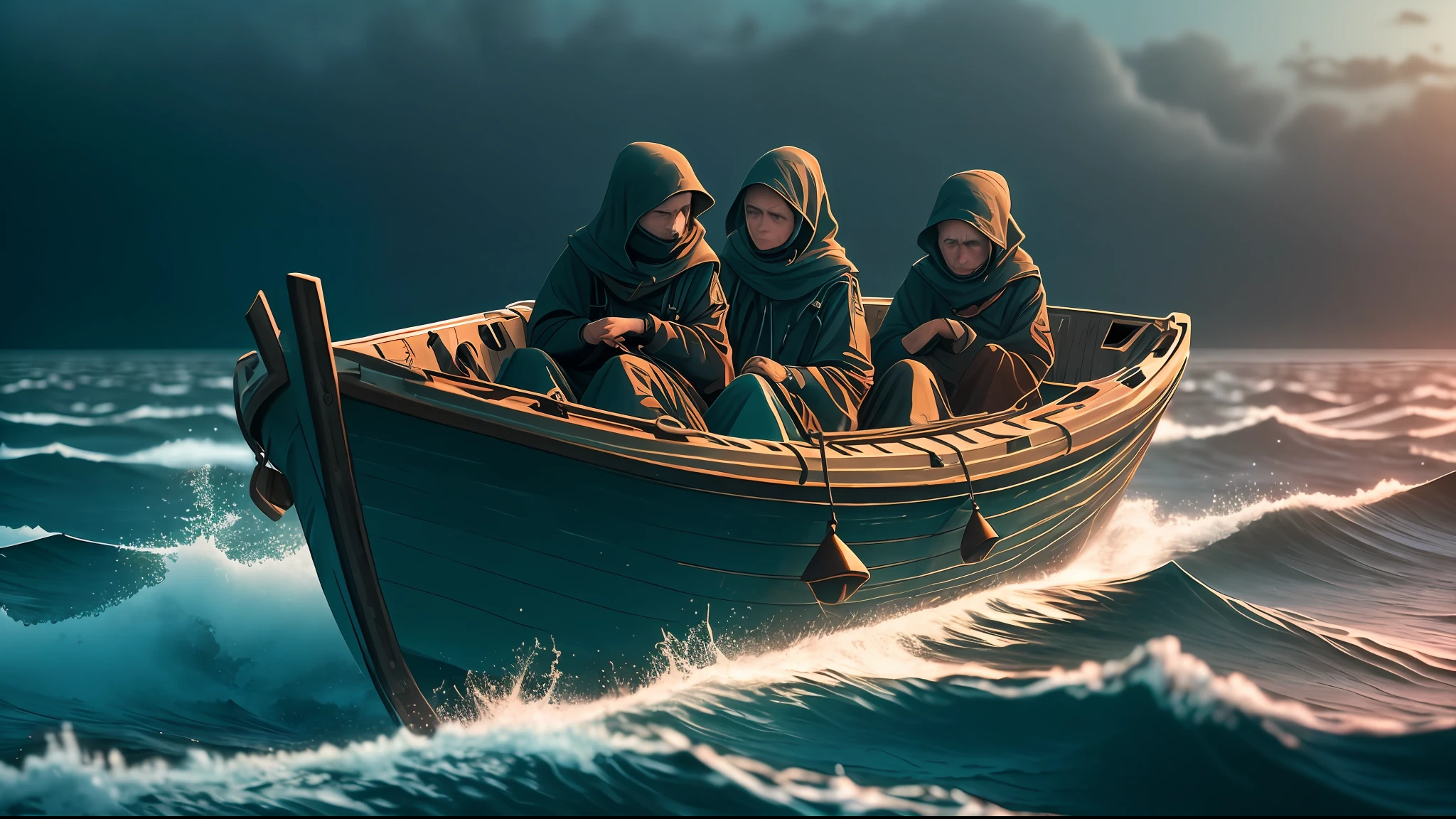 Abyssal Symphony, cinematic, atmospheric, filmed, detailed photo, A person who has abandoned their homeland, desperately crying in a small boat in the middle of the sea, the surroundings dark and cinematic with a blurred background effect, The people look sad, Filmed with a Sony camera