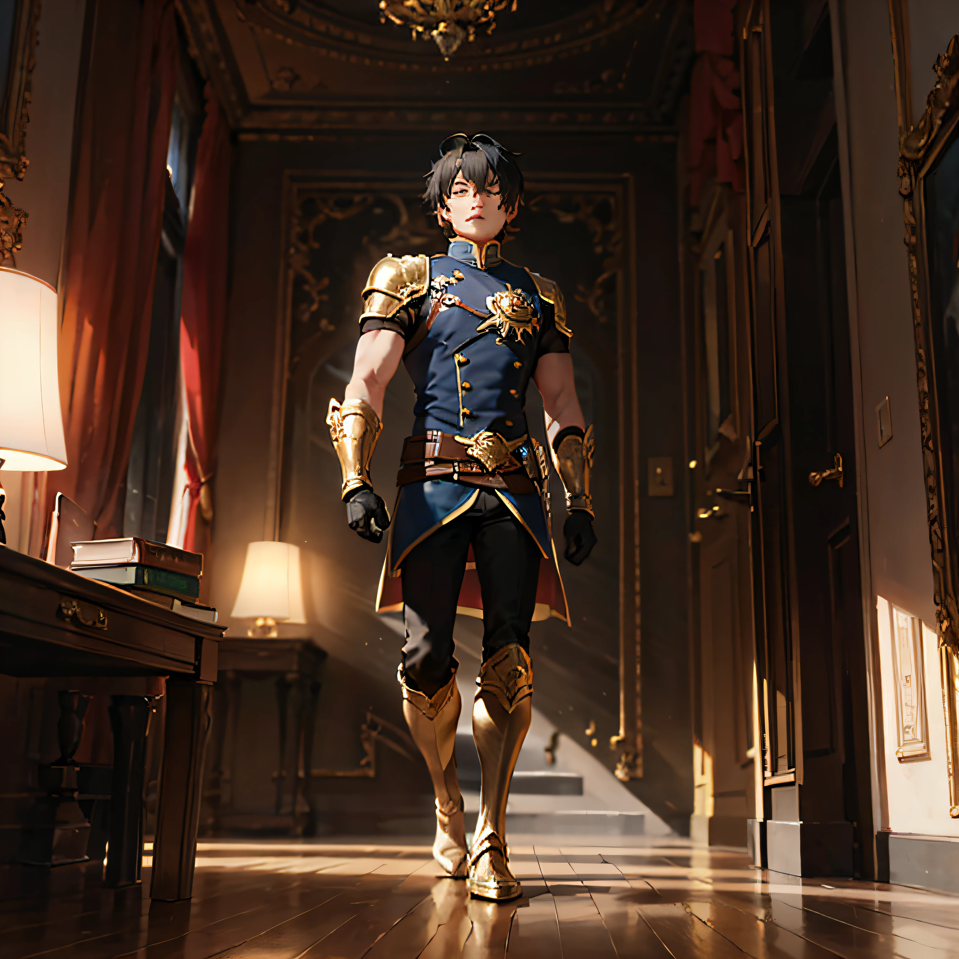 Hero with the power of Time, black hair, golden boots and gloves. Muscular, elegant time-traveler, black hair, golden boots and gloves. Temporal power, black hair, golden boots and gloves, muscular hero. Time Control, black hair, golden boots and gloves, elegant hero. Hero of Time, black hair, golden boots and gloves, muscular, HQ style --auto