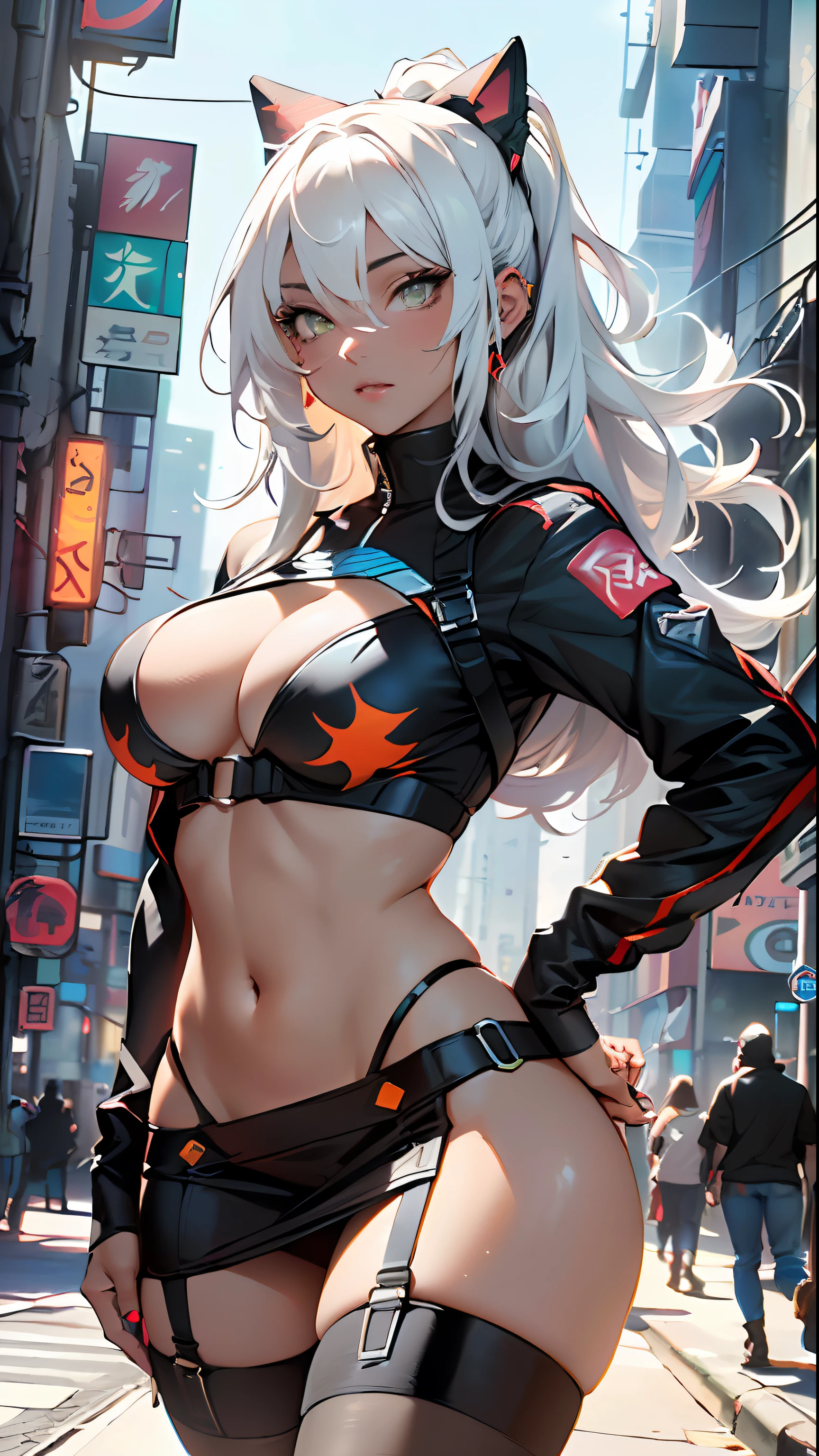 girl rave,(1girl:1.3),((anime girl with extremely cute and beautiful white hair walking seductively down the street)),
(large breasts:1.4),saggy breasts,(((white hair:1.35, straight hair, long hair:1.4, colored inner hair,ear breathing))),((very light yellow eyes:1.3,upturned eyes:1.3,perfect eyes,beautiful detailed eyes,rainbow glows ultra-detailed deep white yellow eyes:1.1,gradient eyes:1,finely detailed beautiful eyes:1,symmetrical eyes:1,big highlight on eyes:1.2)),(fat:1.2),((((black skin, dark-skinned_female, dark skin:1.3, ebony skin,lustrous skin:1.5,bright skin: 1.5,shiny skin,very shiny skin,shiny body,plastic glitter skin,exaggerated shiny skin))),(spider lower abdomen,narrow waist,wide hip,athletic body,inflated legs,delicate detailed fingers,detailed body,detailed arms,human hands, detailed hands),
cute,slutty,seductive,erotic,nsfw,
zettai ryouiki,revealing clothing,show skin,((rave shirt with an orange print, rave mini-skirt,visible thong straps)),(wearing a rave outfit:1.3,rave clothes,semi-naked,with little clothing,),(detailed outfit,detailed clothes),
(dynamic pose:1.0),solo focus,tongue sticking out, mischief, ,centered,scale to fit dimensions,Rule of thirds,
outdoors,(cyberpunk Background: 1.5, detailed background:1.25),sunny day, clouds
(Isometric: 1.0),double exposure,(masterpiece,best quality:1.3),(highres:1.5), absurdres,ultra detailed,cinematic light,realistic,ultra-realistic,high contrast,extraordinarily nice,vibrant colors,(intricate),HDR (High Dynamic Range),Ray Tracing,NVIDIA RTX,Super-Resolution,Unreal 5,Subsurface dispersion,PBR texture,Post-processing,Anisotropic filtering,Depth of field,Maximum clarity and sharpness,Multilayer textures,Albedo and specular maps,Surface shading,Accurate simulation of light-material interaction,Octane Render,Two-tone lighting,Wide aperture,Low ISO,White balance,8K RAW,Saturation boost,dark skin,very dark, skindark_skin,