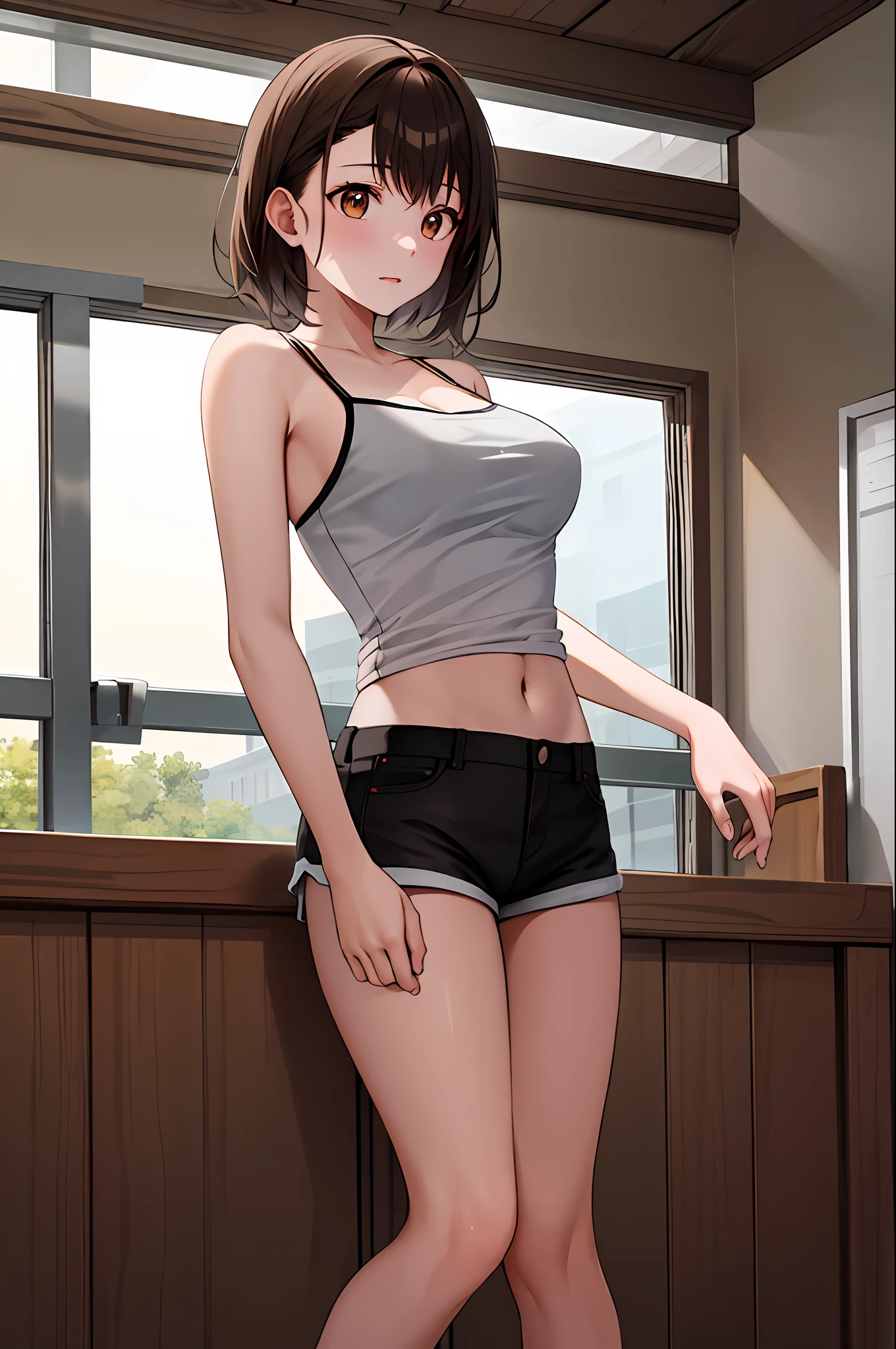 masterpiece, best quality, highres, ondr, 1girl, white camisole, midriff, short shorts,