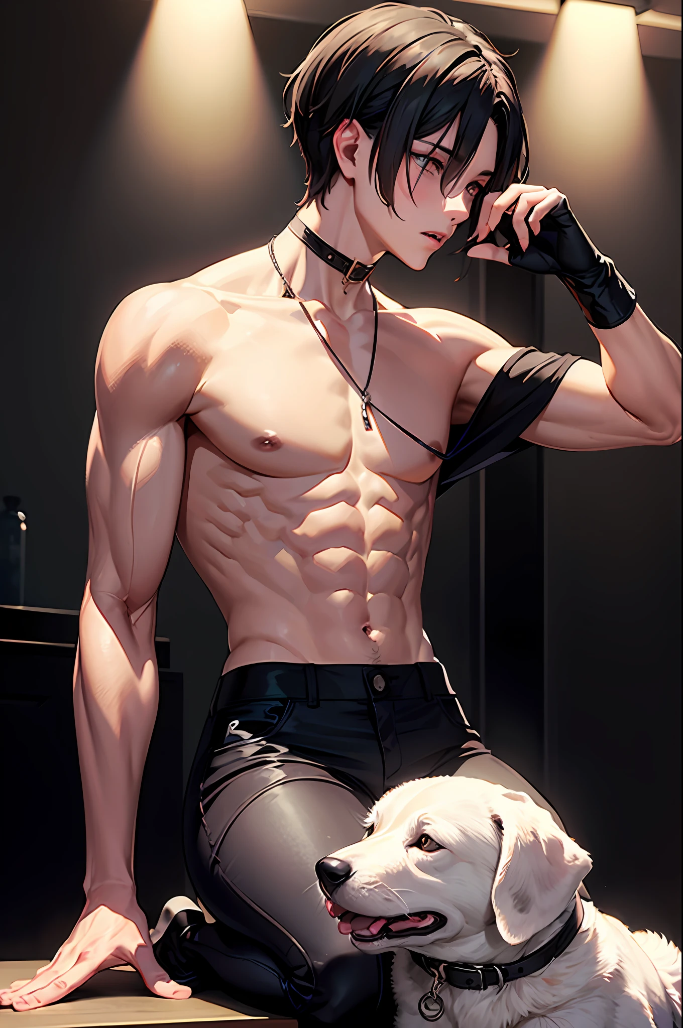 realisticlying,(tmasterpiece,top Quority,best qualtiy,offcial art,Beauty and aesthetics:1.2),Black-haired boy,Knots,choker necklace,Sadomasochism,Stage,lamplight,An expression of shame,Dog training,Champagne,Anti-bite sleeve,femdom,boylove,Nipple rings,White-haired muscular man,plugging