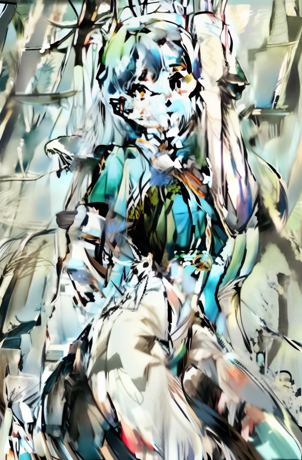 bit girl，long whitr hair，period costume，Look up，ln the forest，long sword