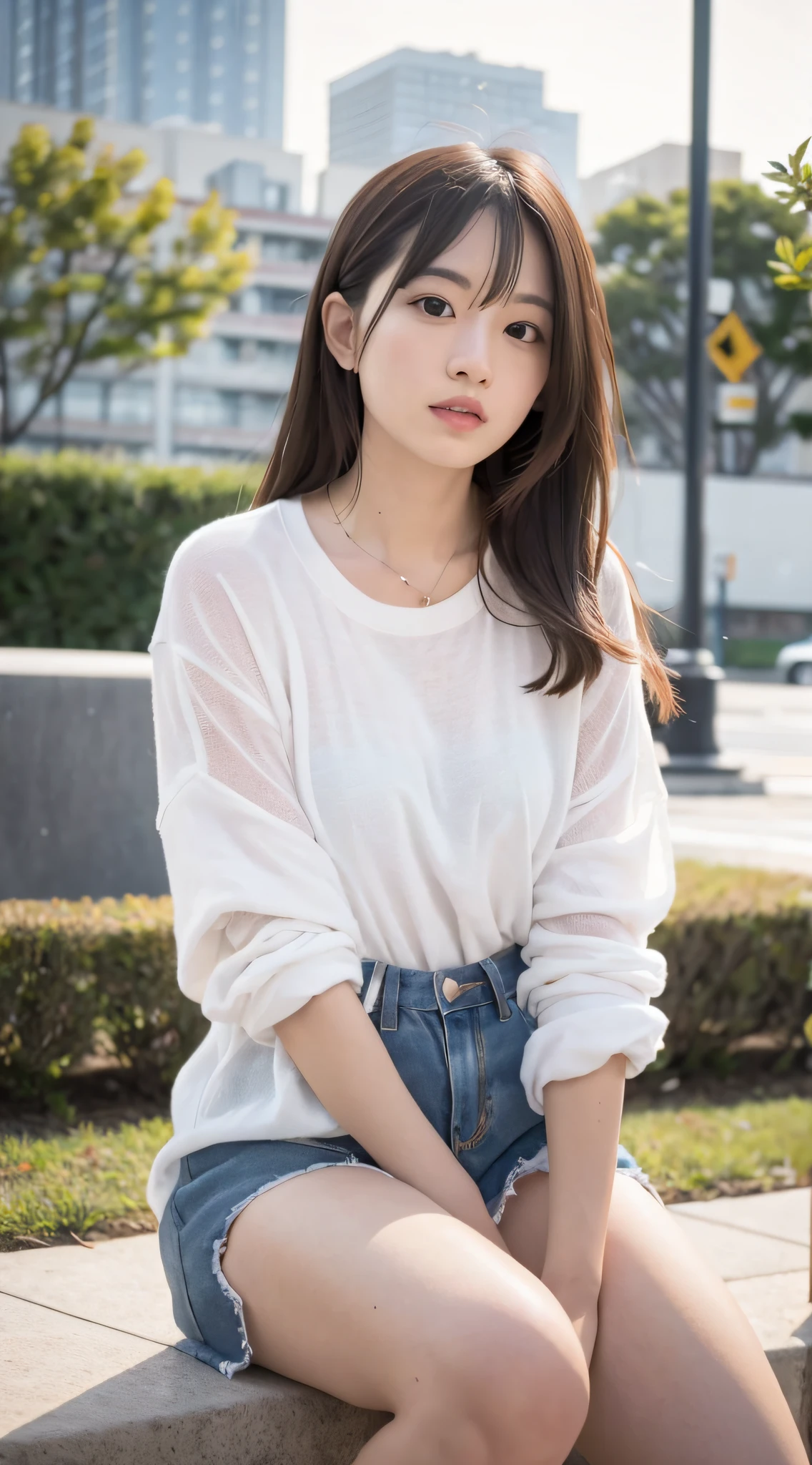 mix4, 20 days, Solo, Long_Hair, Nanase Nishino, Haruka Kaki, park, bench, Seated, (8K, RAW photography, Best quality, Masterpiece:1.2), (Realistic, Photorealistic: 1.37), Professional lighting, photon maping, Radio City, physically-based renderingt