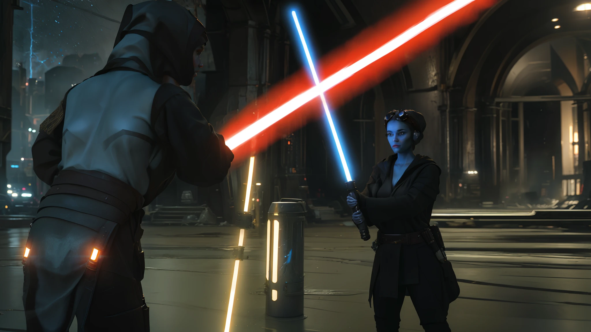 make realistic, 3d, female face, lekku, twi'lek, blue skin, Dark Jedi Robes, ambient lightning