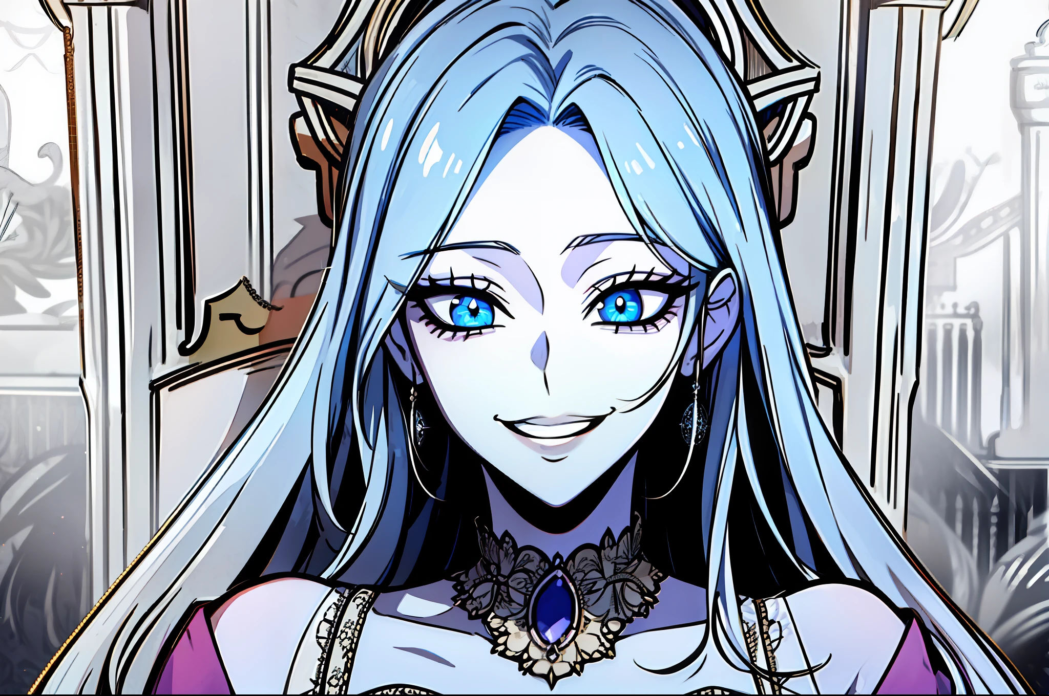 gesugao facial expression, gesugao, sadistic smile, shoujo-style
(masterpiece, best quality, ultra-detailed), (beautiful detailed face, beautiful detailed eyes), long eyelashes, jewelry, nacklace, midriff, cleavage, big breast, (upper body), royal background, throne