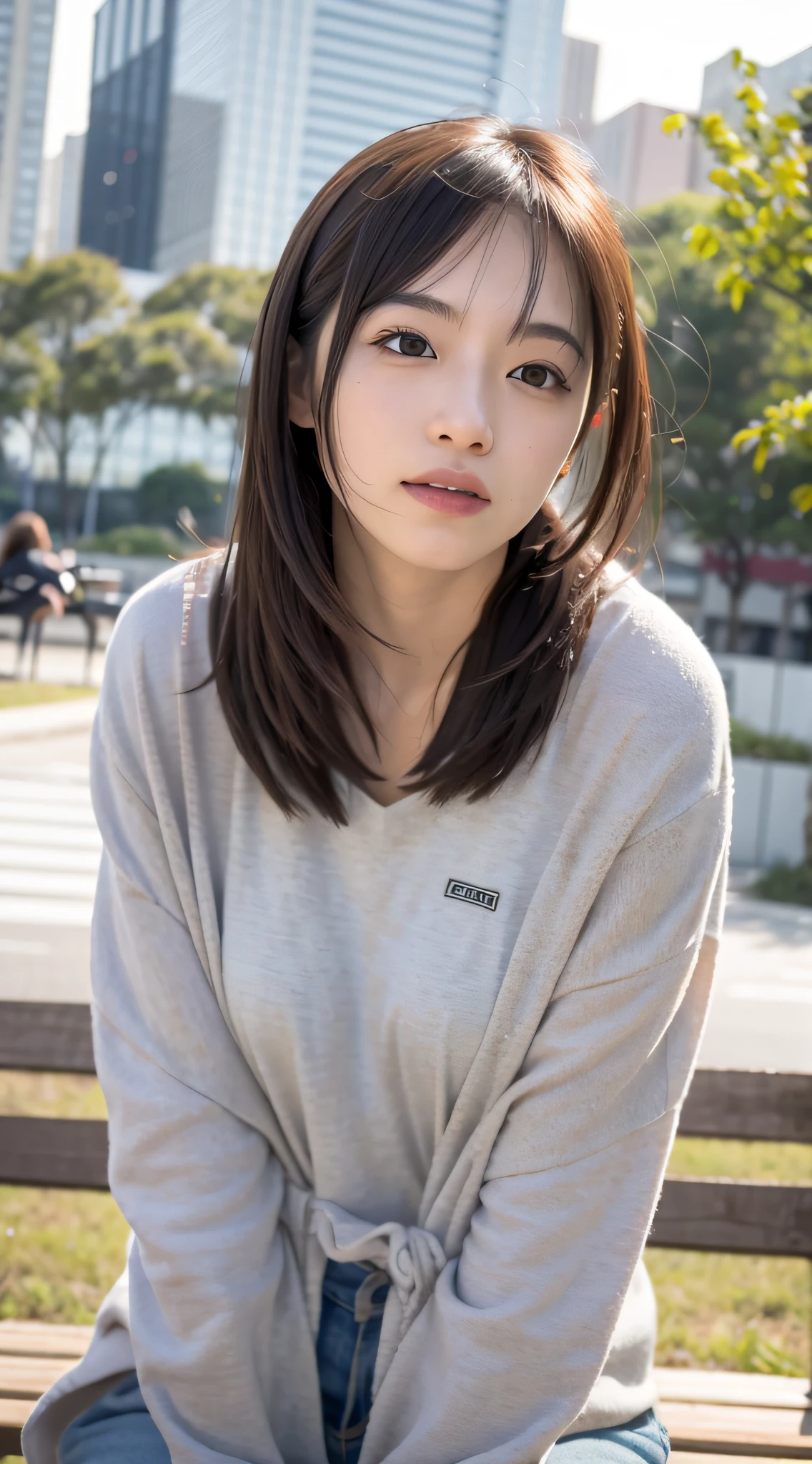 mix4, 20 days, Solo, Long_Hair, Nanase Nishino, Haruka Kaki, park, bench, Seated, (8K, RAW photography, Best quality, Masterpiece:1.2), (Realistic, Photorealistic: 1.37), Professional lighting, photon maping, Radio City, physically-based renderingt