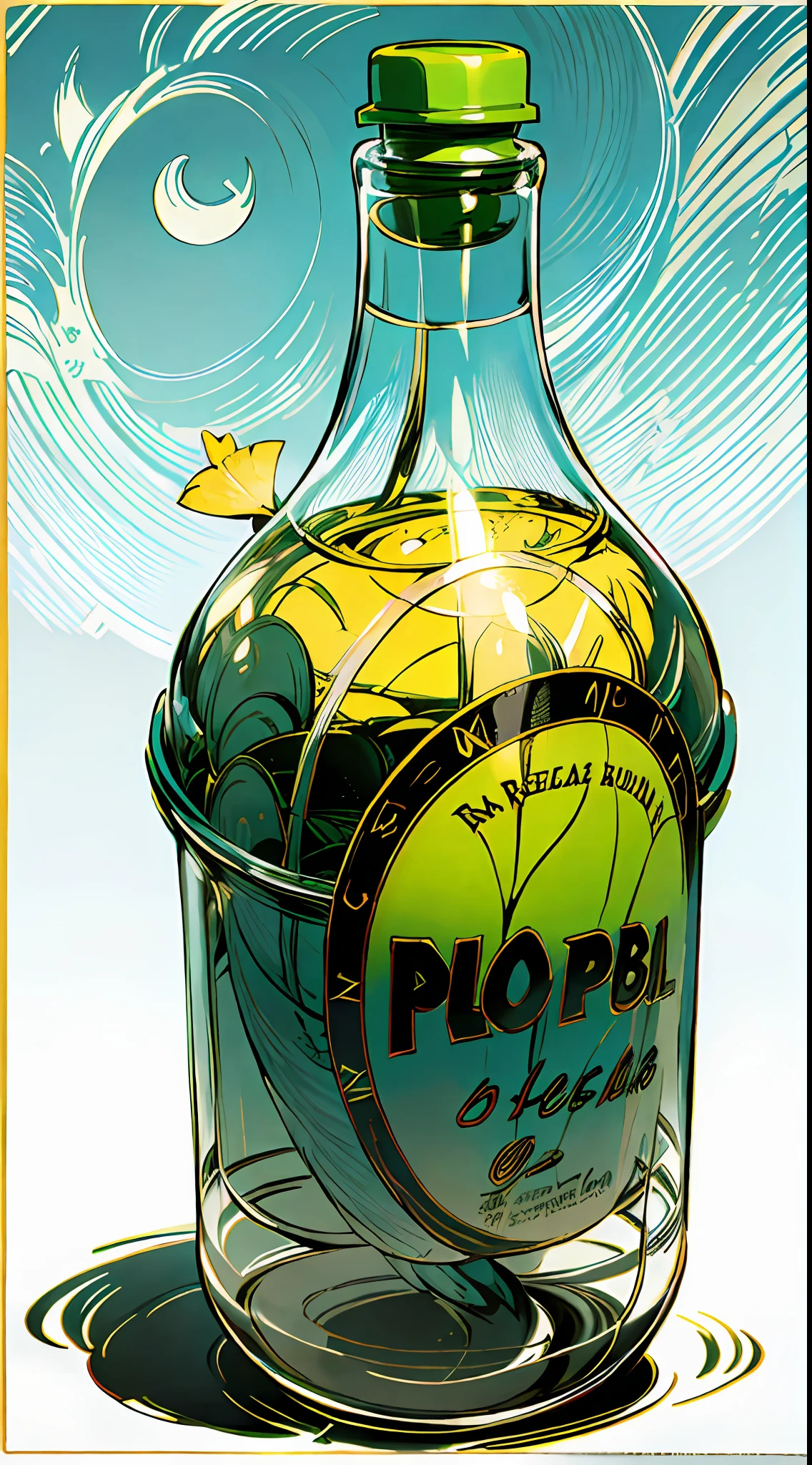 (obra maestra), (mejor calidad), (mejor detalle), (colores estilo vintage y pulp),(color principal de la ilustracion: rosado), (color secundario: verde claro), una botella de plastico transparente encima de una mesa