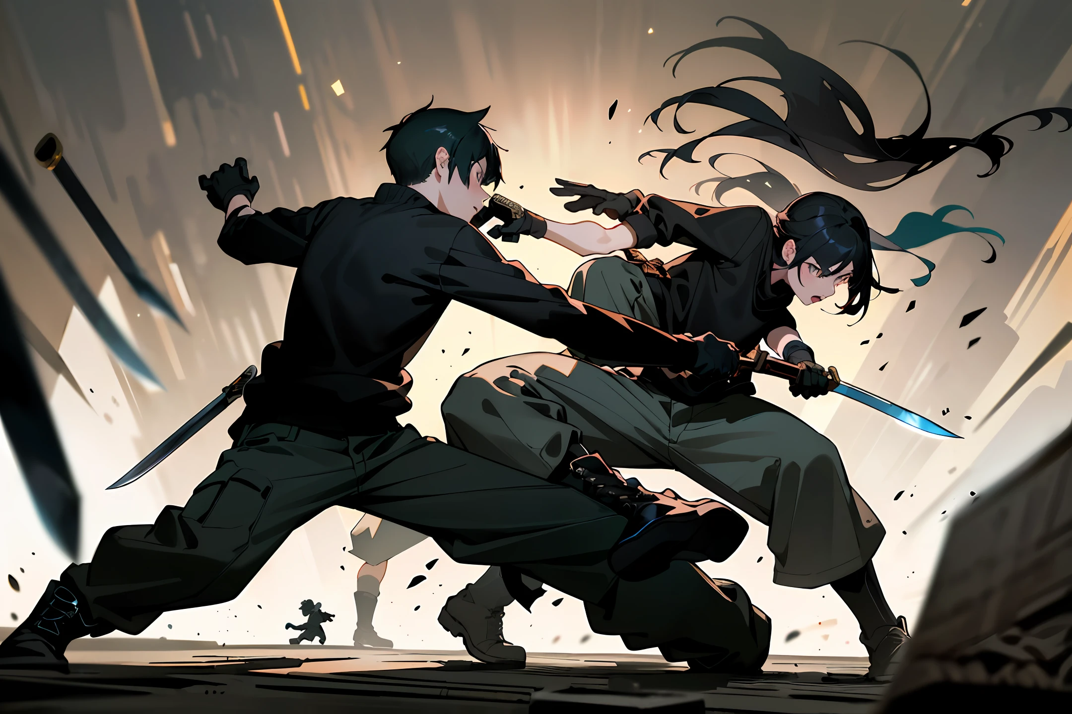 (masterpiece, best quality, ultra-detailed, best shadow), ((2 girls)), ((1 boy)), ((fighting)), ((long knife)), black clothing, black cargo pants, ((black sweatshirt)), black boots, ((black gloves)), ((fantasy)), ((battle scene)), ((dynamic lighting)),