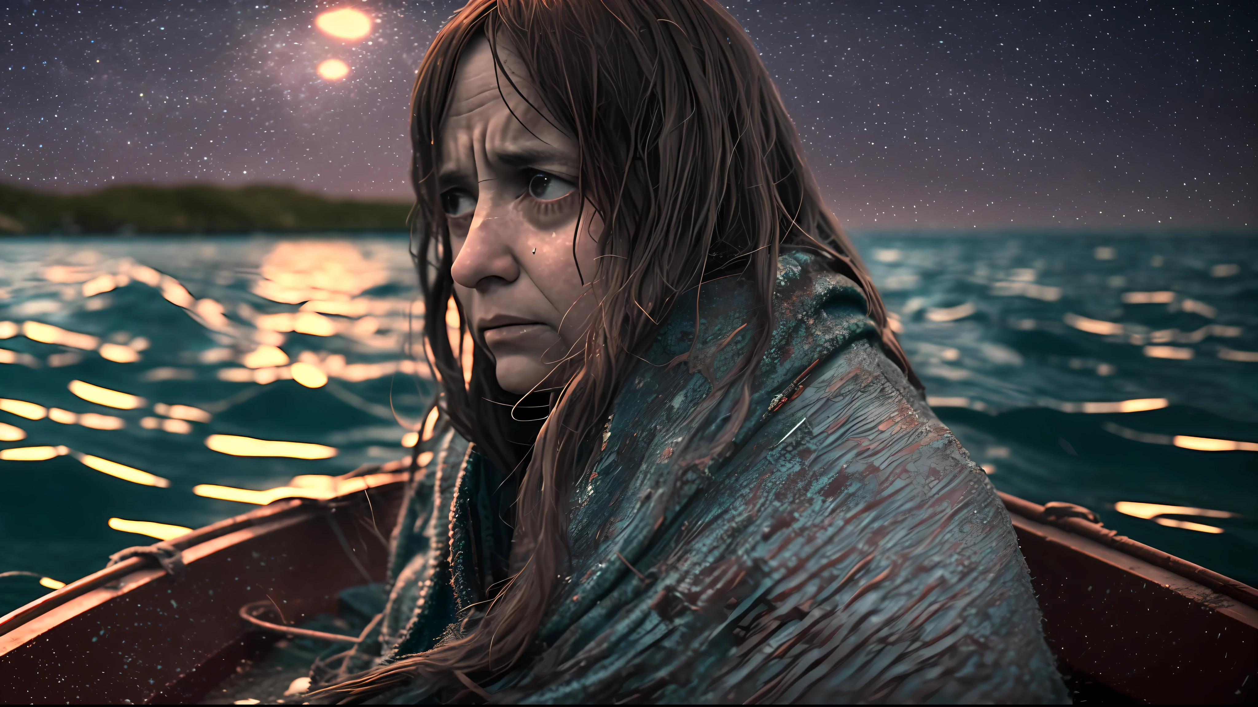 Abyssal Symphony, cinematic, atmospheric, filmed, detailed photo, A person who has abandoned their homeland, desperately crying in a small boat in the middle of the sea, the surroundings dark and cinematic with a blurred background effect, The people look sad, Filmed with a Sony camera