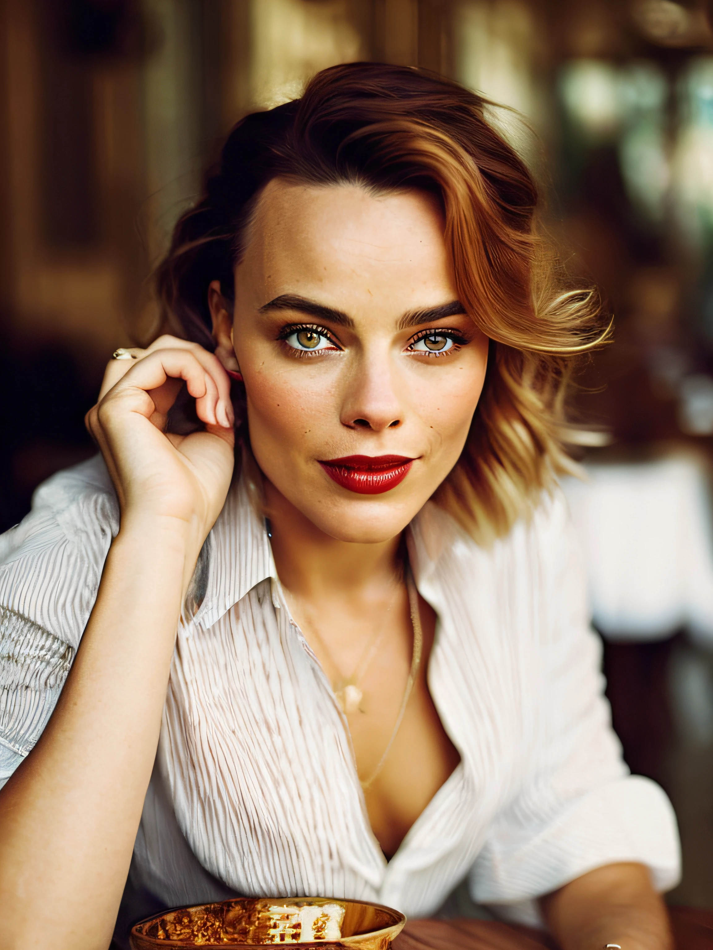 mulher com batom vermelho e camisa branca sentada em uma mesa, Raquel McAdams, arte deslumbrante, arte linda, sorriso sensual, Retrato de Margot Robbie, chilled out smirk on face, arte bonita, leve sorriso, lindo lindo, playful grin, linda senhora, fumegante intenso, sorriso sedutor, Margot Robbie Cara, awesome art, Jovana Rikalo