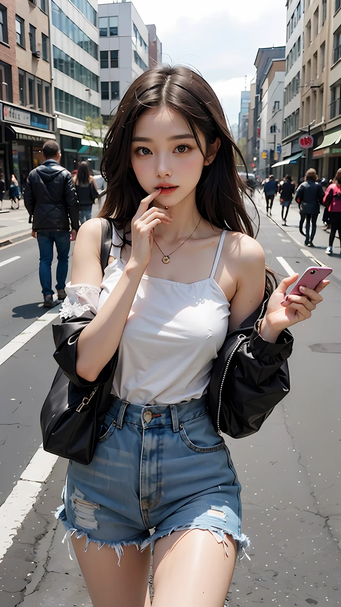 Beautiful woman, fiddling with cell phone in the middle of the street, short clothes,five fingers