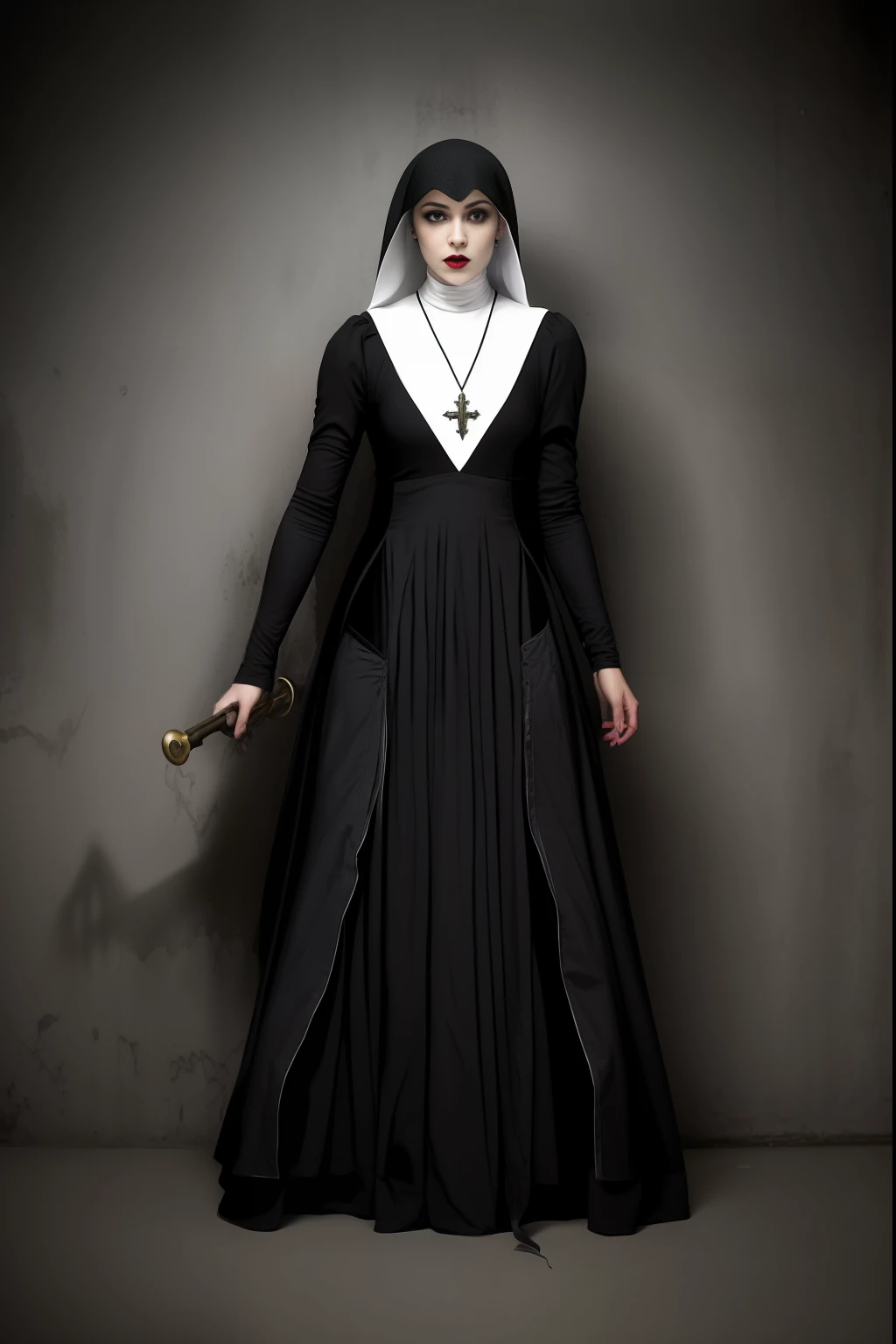 (obra-prima), (alta qualidade), (melhor qualidade), Freira em um vestido preto com uma faca e uma cruz, Bem Modelo de Moda, Bem Enxoval, Vampiros Agora, single scary female vampire nun, Uma freira malvada, modelo de moda freira olhando para cima, agora, dark sorceress full view, Assustadora Rainha da Morte, gothic maiden, Bruxa Vestida Escura, bruxa feiticeira do mal