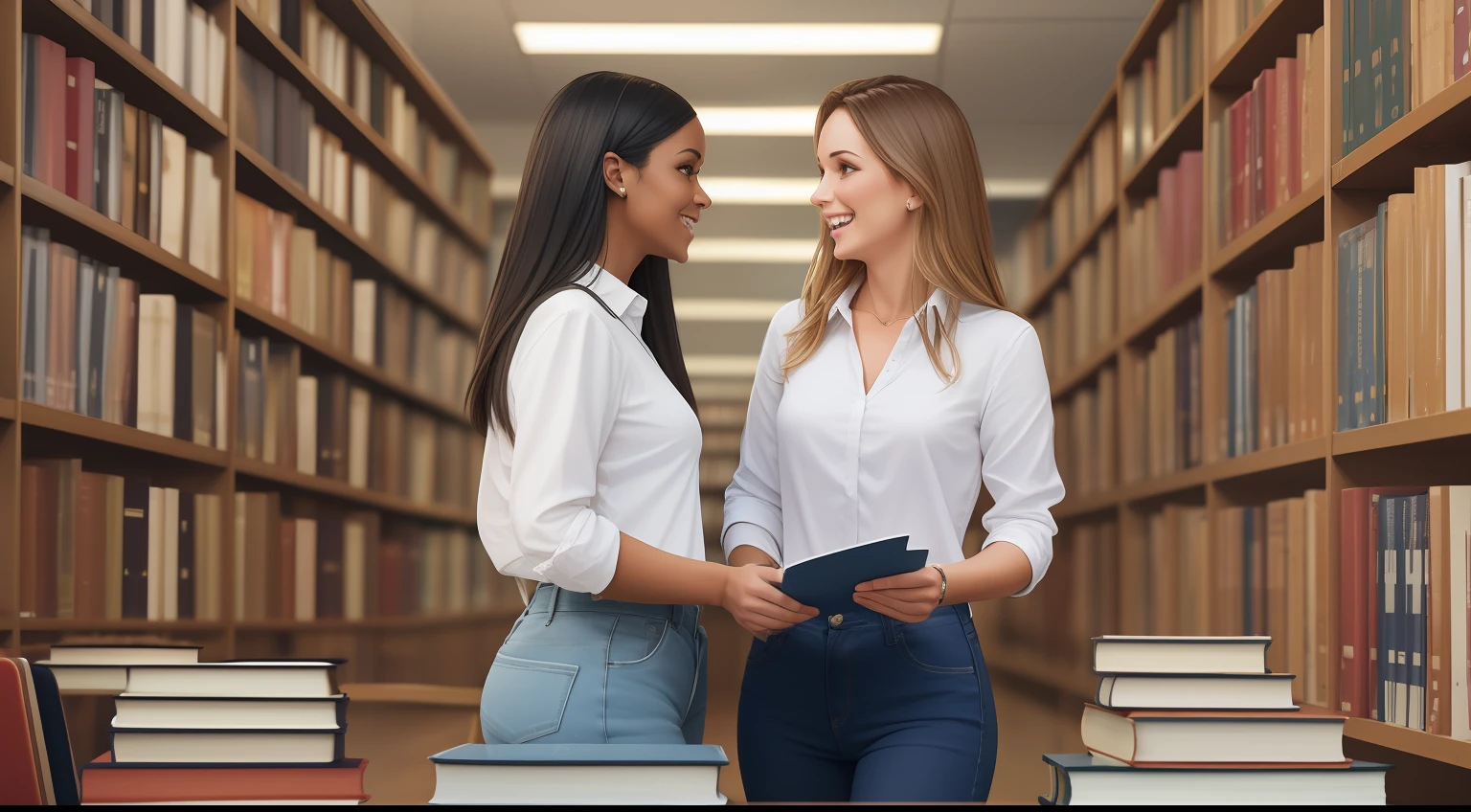 wide scene, two brunette and blonde women in student clothes, white shirt and jeans, are in a library, happy, one talking to the other, giving life advice, in the background there are a lot of books and people studying