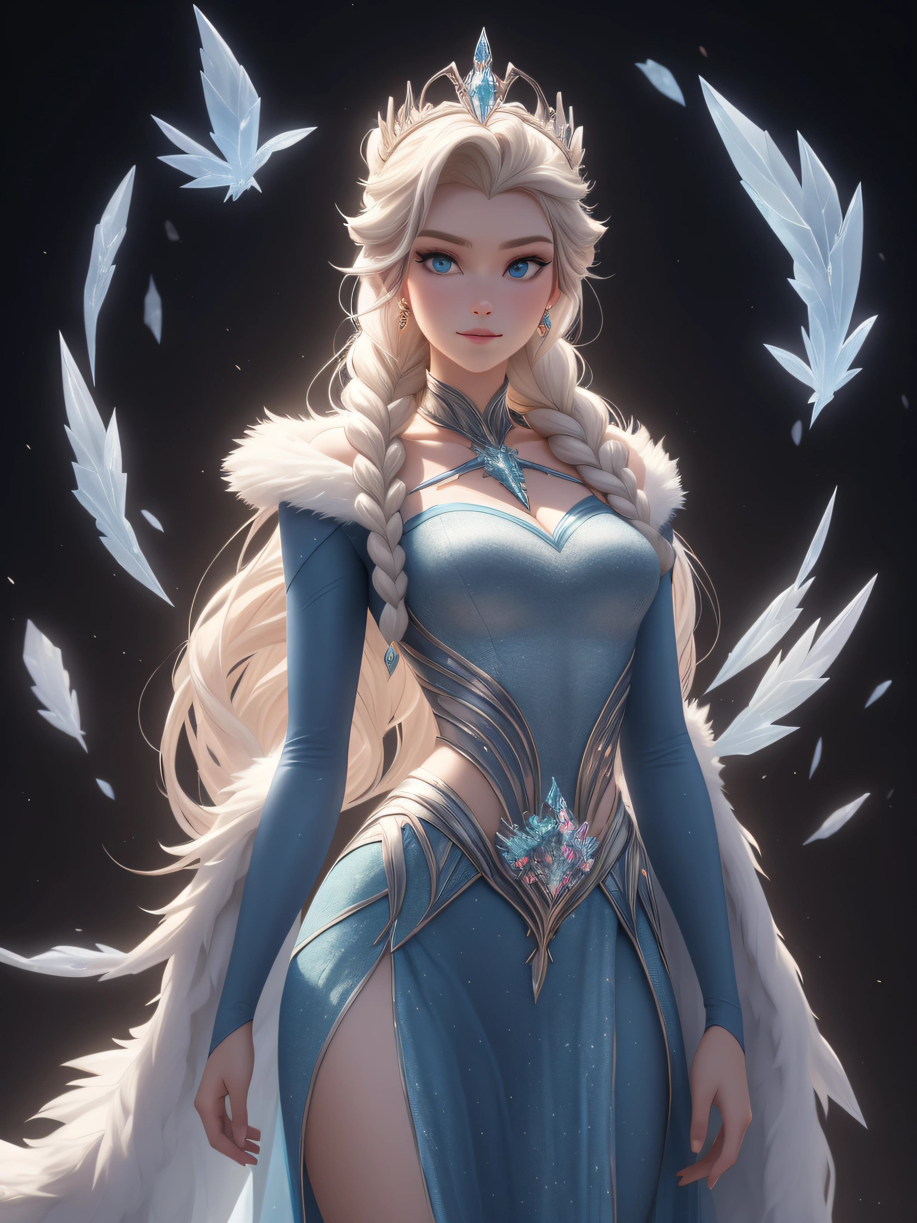 Queen Elsa wrapped in luxurious fur robe, Disney frozen, maximalist, 3D, Unreal Engine 5, vividly detailed, by "Anna Dittman", "Josephine Wall", "Michael Page", "Russ Mills", "Jonas De Ro", "H.R. Giger", and "Caspar David Friedrich" symmetrical, centered, wide-angle shot
