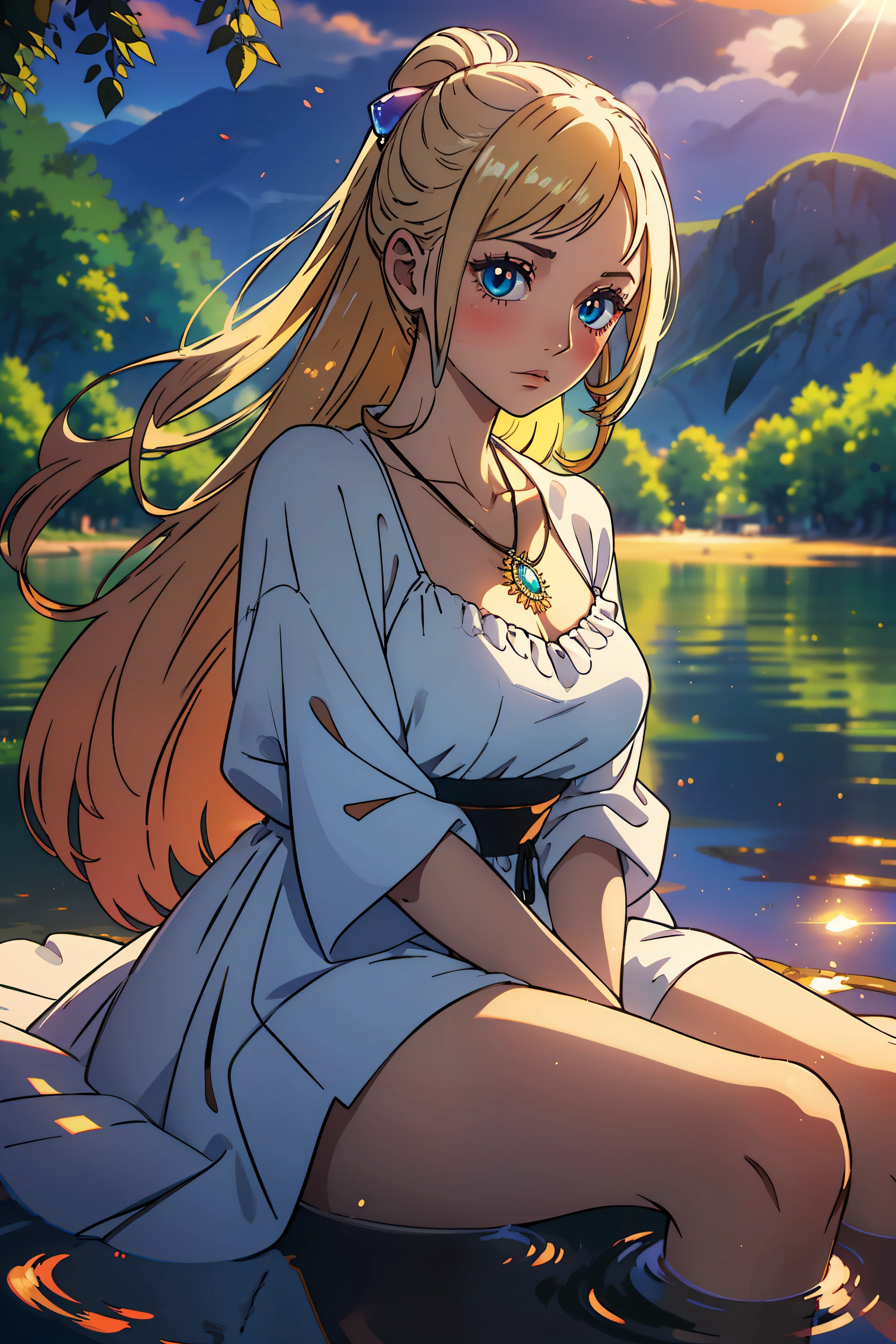 1 girl, serene expression, mesmerizing eyes, straight long hair, flowing dress, poised posture, porcelain skin, subtle blush, crystal pendant BREAK golden hour, (rim lighting):1.2, warm tones, sun flare, soft shadows, vibrant colors, painterly effect, dreamy atmosphere BREAK scenic lake, distant mountains, willow tree, calm water, reflection, sunlit clouds, peaceful ambiance, idyllic sunset, ultra detailed, official art, unity 8k wallpaper , zentangle, mandala