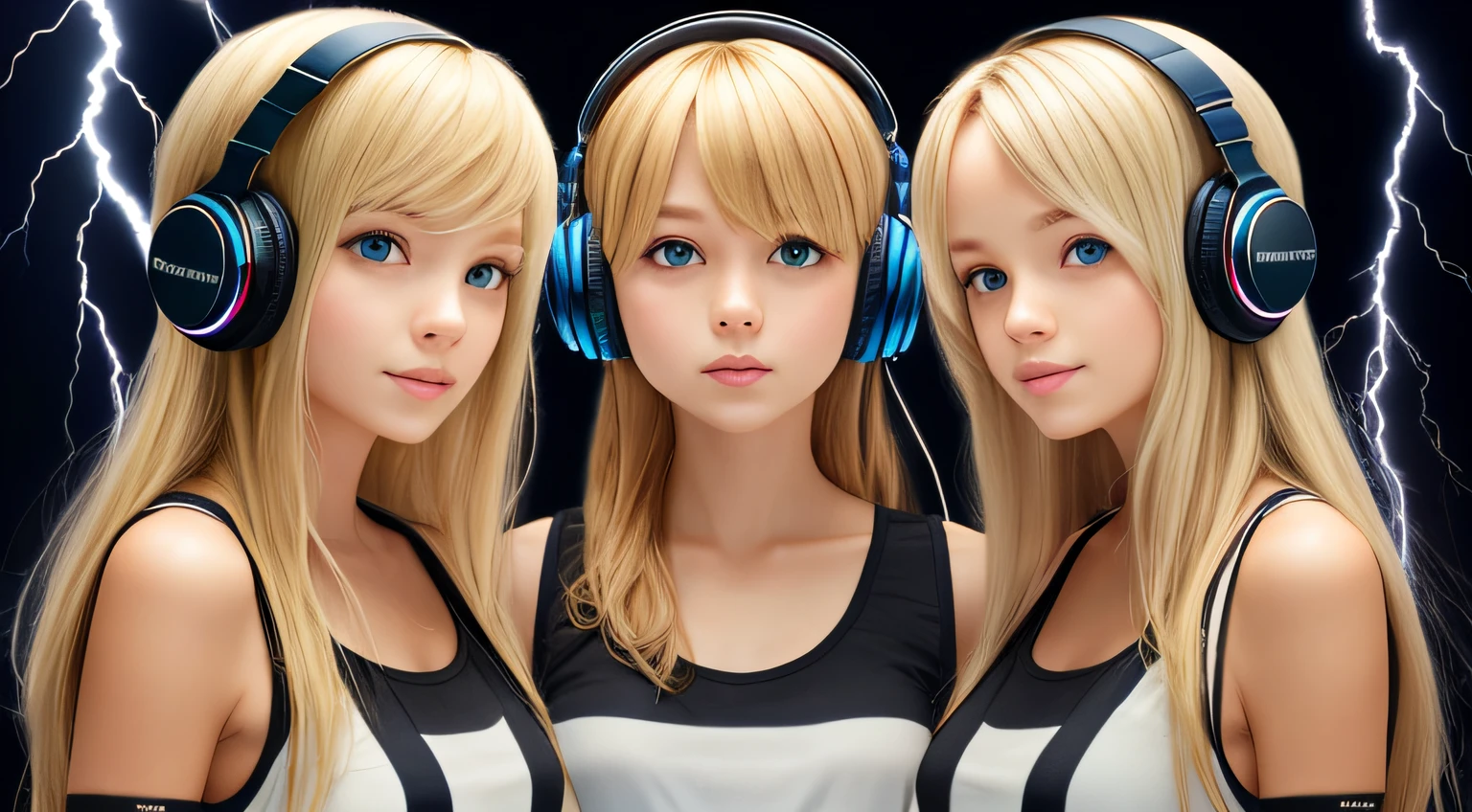 Blond-haired triplets,Headphones with lightning in the background,