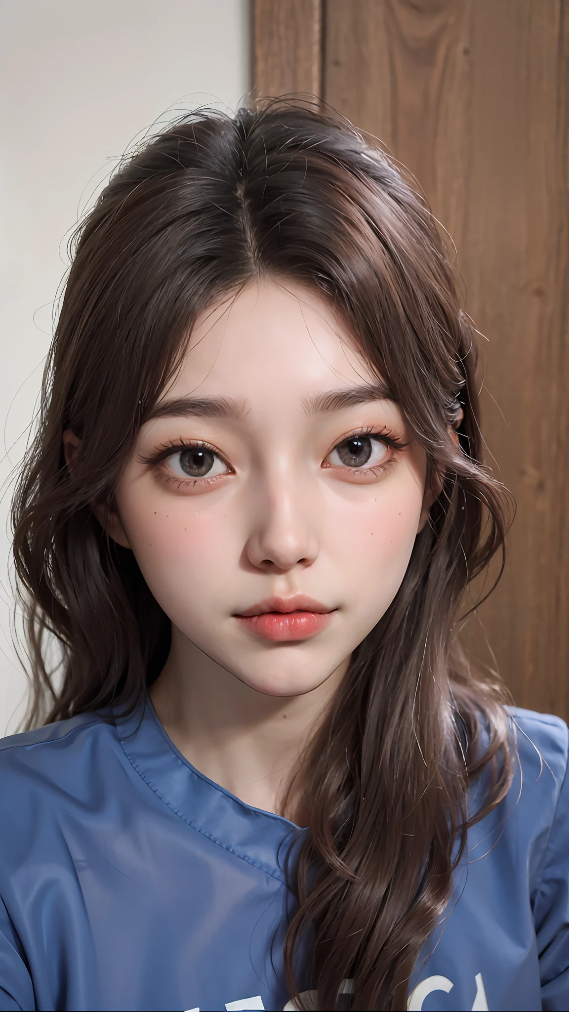 there is a woman with long hair and a blue shirt, face picture, without makeup, asian face, 2 7 years old, 2 9 years old, pokimane, round nose, 2 8 years old, perfect face ), thin nose, 8k selfie photograph, perfectly clear face, clear cute face, small heart - shaped face