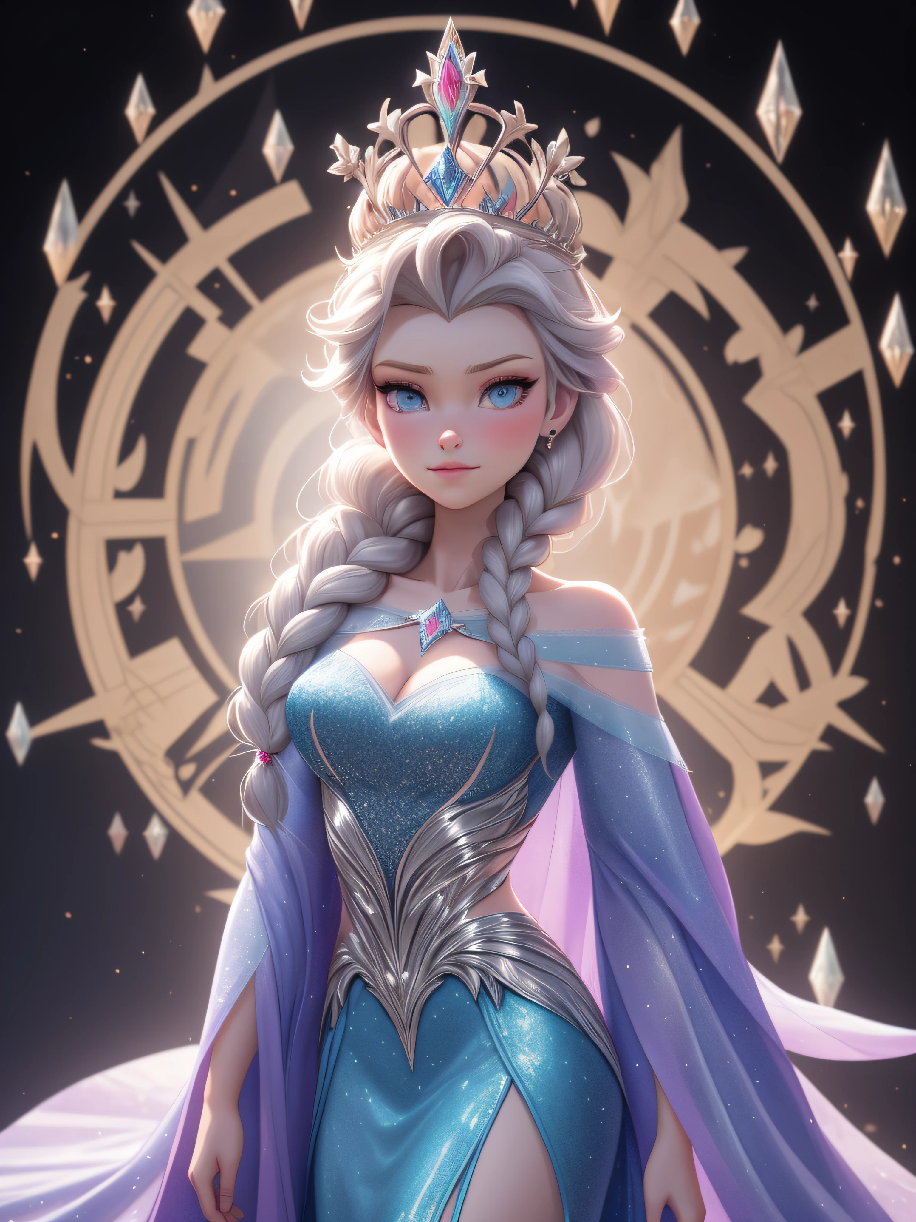 Queen Elsa wrapped in luxurious fur robe, Disney frozen, maximalist, 3D, Unreal Engine 5, vividly detailed, by "Anna Dittman", "Josephine Wall", "Michael Page", "Russ Mills", "Jonas De Ro", "H.R. Giger", and "Caspar David Friedrich" symmetrical, centered, wide-angle shot