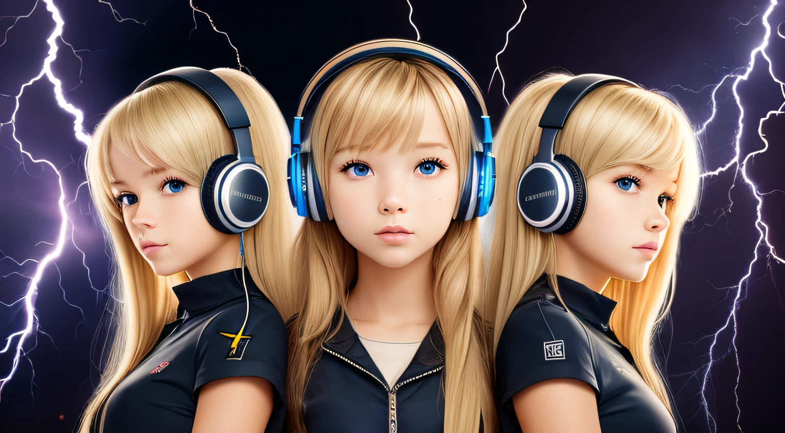 Blond-haired triplets,Headphones with lightning in the background,