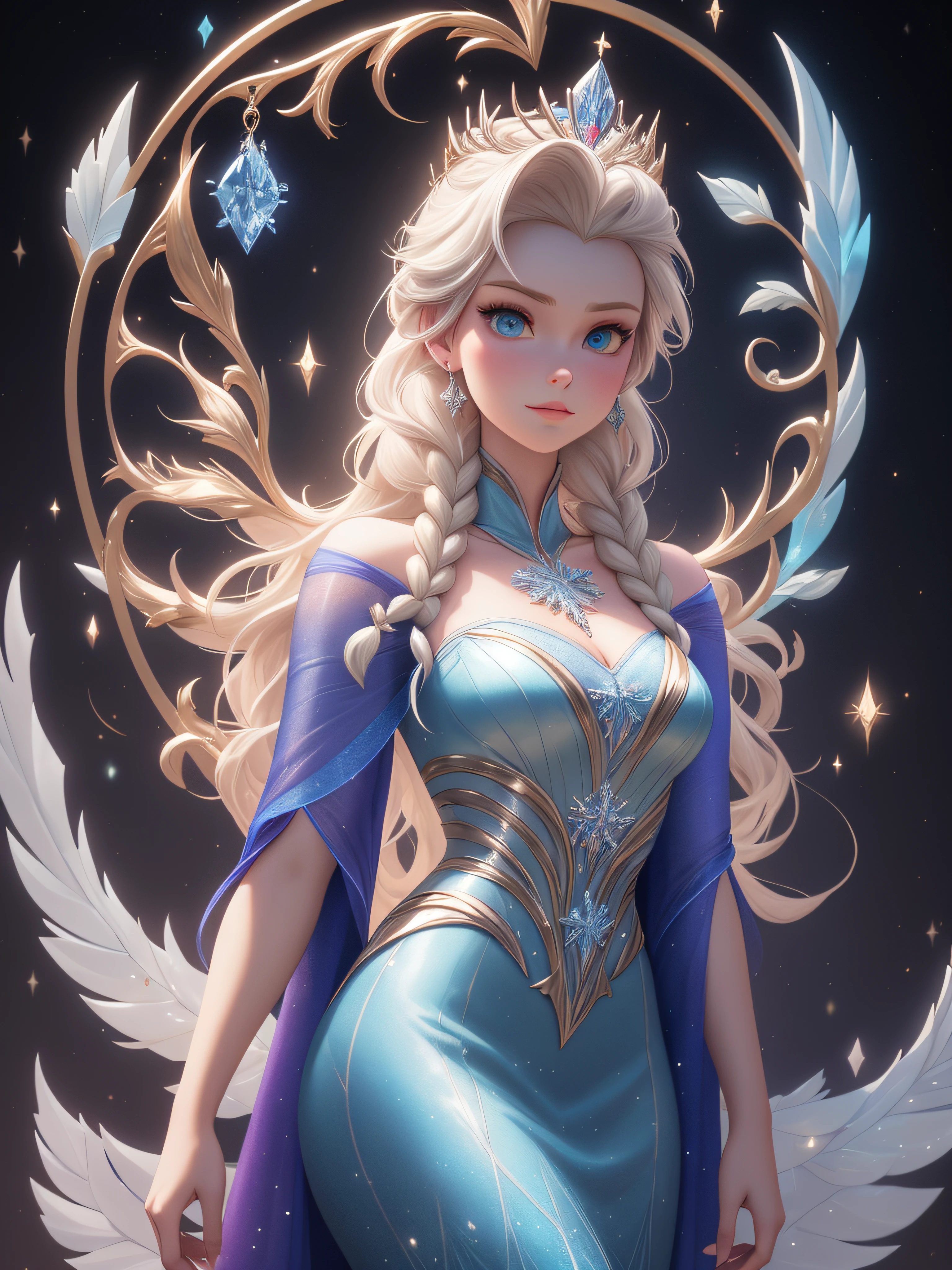 Queen Elsa wrapped in luxurious fur robe, Disney frozen, maximalist, 3D, Unreal Engine 5, vividly detailed, by "Anna Dittman", "Josephine Wall", "Michael Page", "Russ Mills", "Jonas De Ro", "H.R. Giger", and "Caspar David Friedrich" symmetrical, centered, wide-angle shot