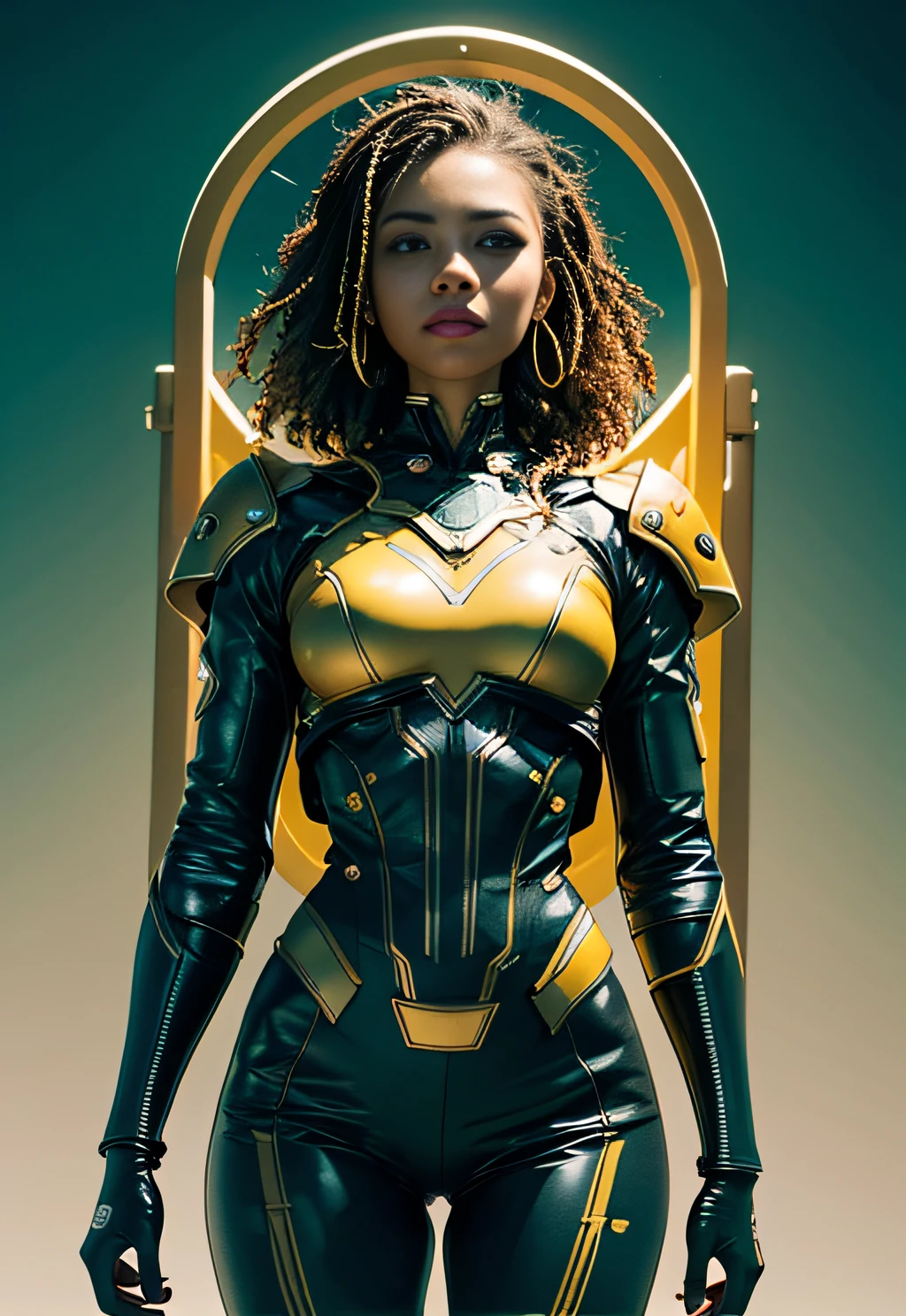a close up of a man in a yellow and black outfit, Dark skin, Black man, yellow space suit, in a scifi movie, from a 2 0 1 9 sci fi 8 k movie, gold sci - fi armour, clothed in sci-fi military armor, textless, altered carbon series, afrofuturism style, sci fi, key art, afrofuturism, wakanda, Picture of the week, RAW, beautiful, (finely detailed skin), African skin, pilot, imechanical futuristic uniform, glowing Clouds in the background, lightning, extremely detailed,colorful,highest detailed, (dynamic pose), shiny skin, zentangle, flowers, abstract background,(masterpiece) (perfect proportion)(realistic photo)(best quality) (detailed) photographed on a Canon EOS R5, 50mm lens, F/2.8, HDR, (8k) (wallpaper) (cinematic lighting) (dramatic lighting) (sharp focus) (intricate)