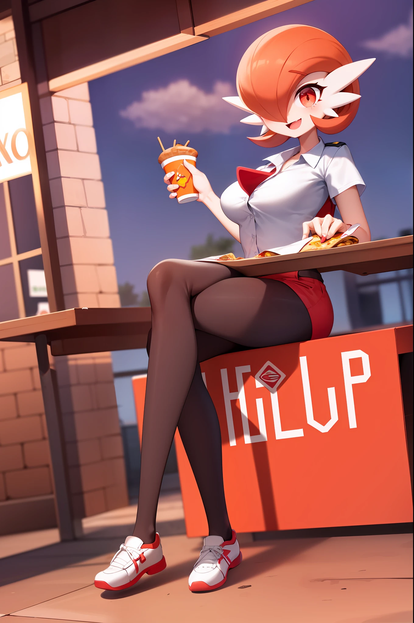 obra maestra, best_quality, 1girl, solo, gardevoir, pokemon \(criatura\), cabello verde, ojos rojos, en una ciudad, de noche, sonrisa, usando shorts, camisa roja, uniforme de pizzeria, lleva una caja de pizza en la mano, caja para pizzas, uniforme ajustado, senos femeninos, senos medianos, detras de ella hay una moto, moto vezzpa.