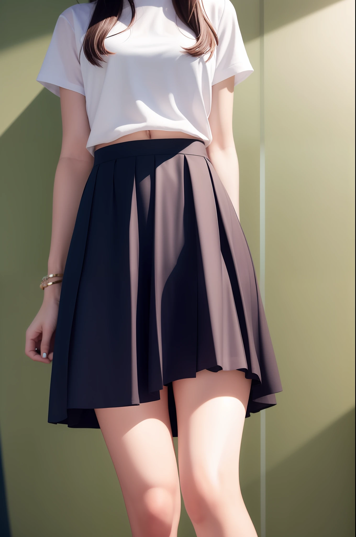 There is a woman wearing a pleated miniskirt