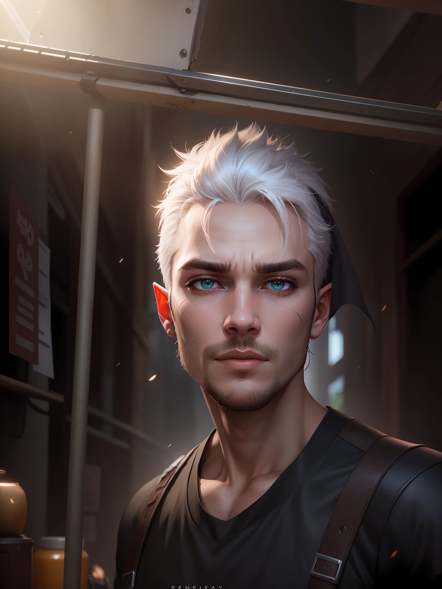 there is a man with a white hair and a black shirt, character portrait closeup, cinematic realistic portrait, closeup character portrait, close up character, character close up, unreal engine character art, Rendu portrait 8k, epic character portrait, photorealistic art style, Realistic moody facial lighting, Close-up of people, Character art portrait, Ross Tran 8 K, a portrait of a male elf