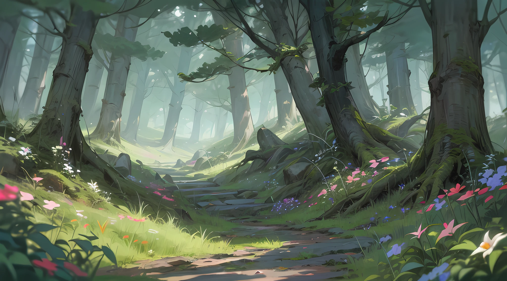ghibli landscape,((dark)) forest, dark light, trees, ((flowers)), colors, moss, plants, grass, dirt, gravels, little rocks, rocks, (dark light), contrast, ((masterpiece, top quality, 8k,1.3)), ((horror, fear)), colorful, happy