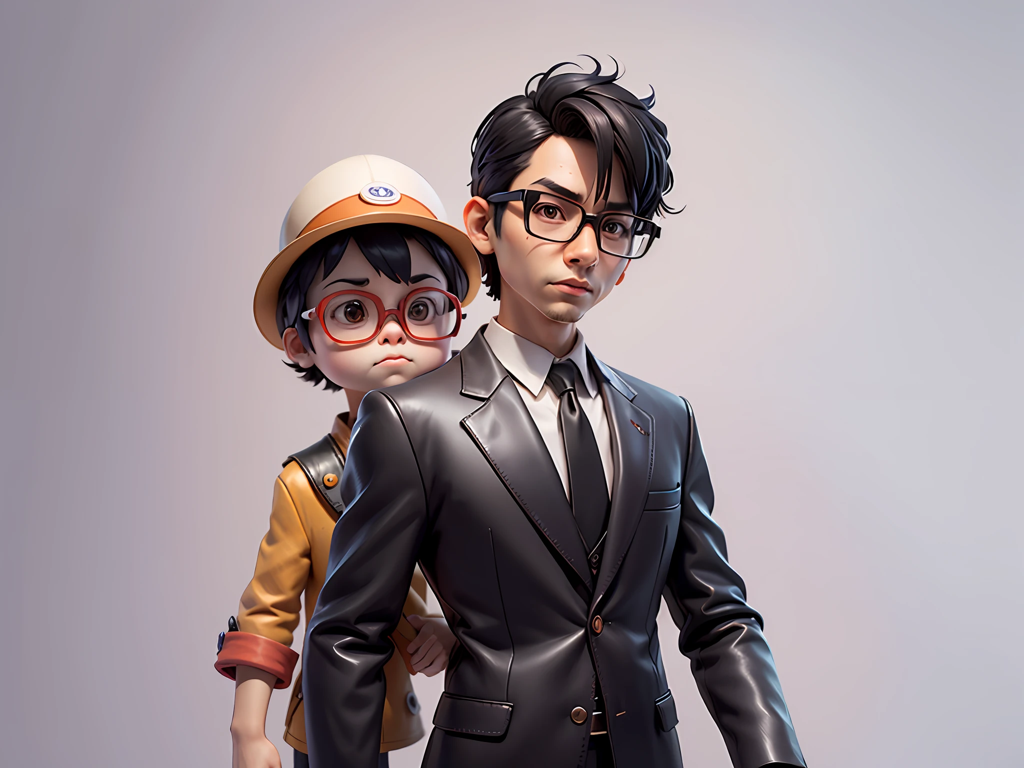 Young man with oriental face in leather hat, tiger, oriental face in formal suit, short black hair, silver glasses, digital painting, 3D character design by Mark Clairedon and Pixar and Hayao Miyazaki and Akira Toriyama, the illustration is a high-definition illustration in 4K resolution with very detailed facial features and cartoon-style visuals.