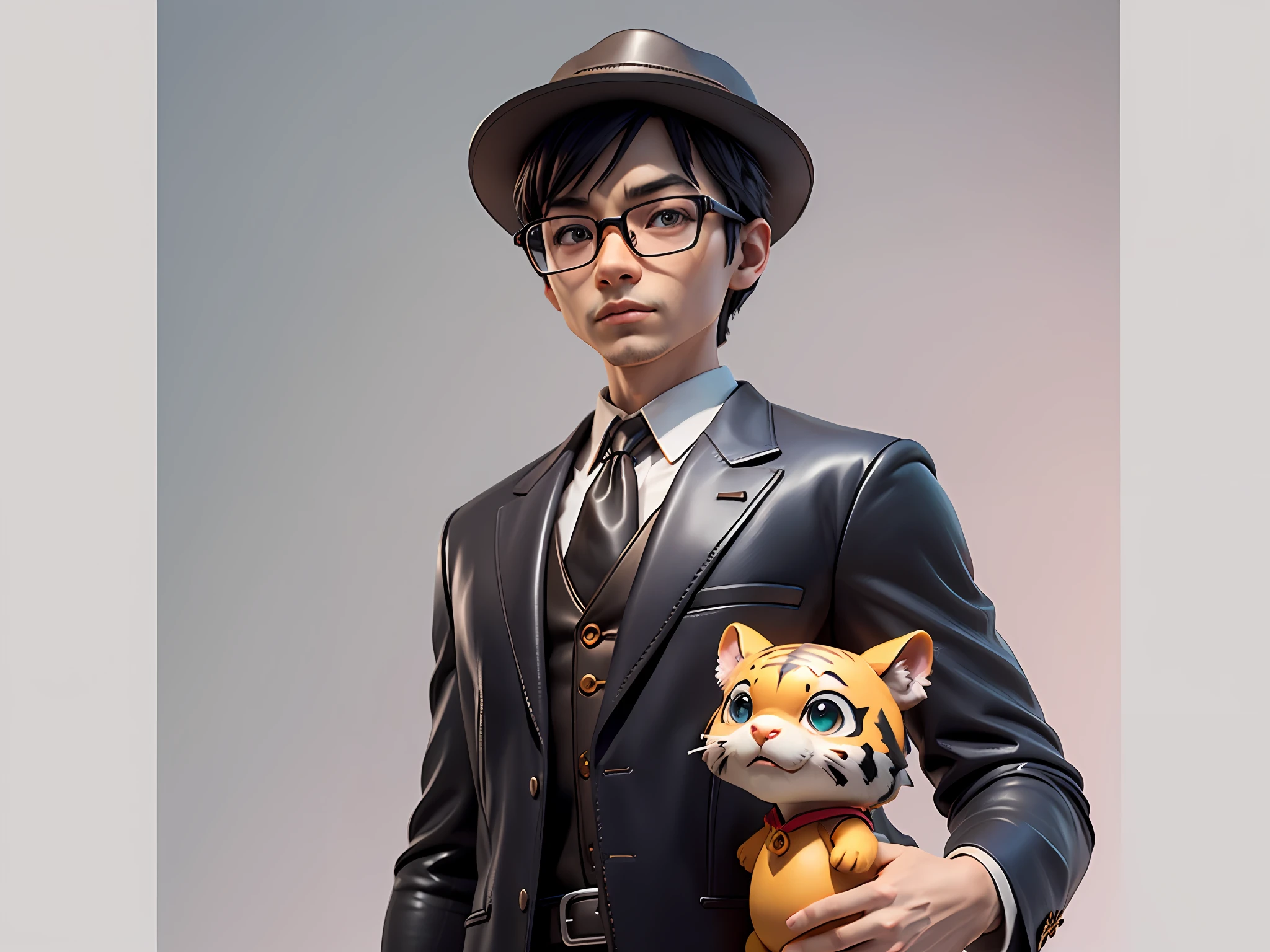 Young man with oriental face in leather hat, tiger, oriental face in formal suit, short black hair, silver glasses, digital painting, 3D character design by Mark Clairedon and Pixar and Hayao Miyazaki and Akira Toriyama, the illustration is a high-definition illustration in 4K resolution with very detailed facial features and cartoon-style visuals.