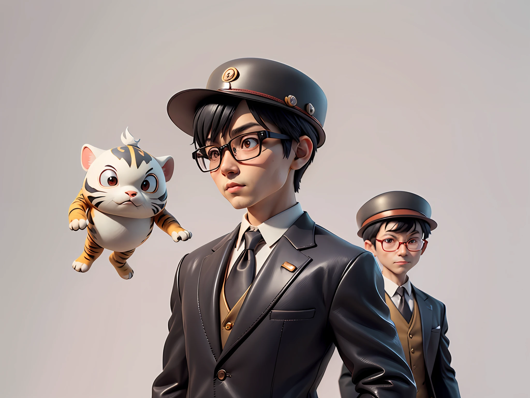 Young man with oriental face in leather hat, tiger, oriental face in formal suit, short black hair, silver glasses, digital painting, 3D character design by Mark Clairedon and Pixar and Hayao Miyazaki and Akira Toriyama, the illustration is a high-definition illustration in 4K resolution with very detailed facial features and cartoon-style visuals.