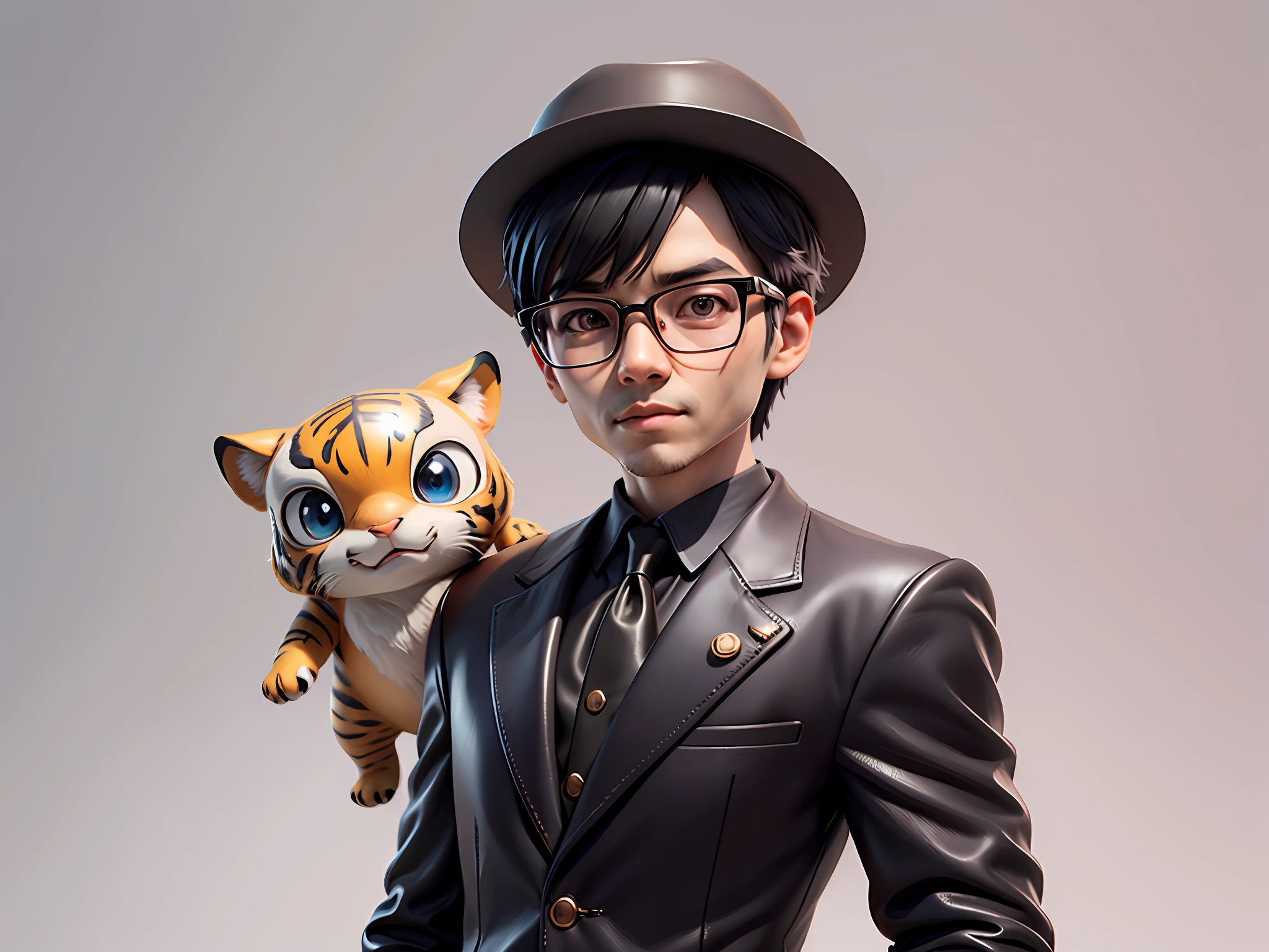 Young man with oriental face in leather hat, tiger, oriental face in formal suit, short black hair, silver glasses, digital painting, 3D character design by Mark Clairedon and Pixar and Hayao Miyazaki and Akira Toriyama, the illustration is a high-definition illustration in 4K resolution with very detailed facial features and cartoon-style visuals.