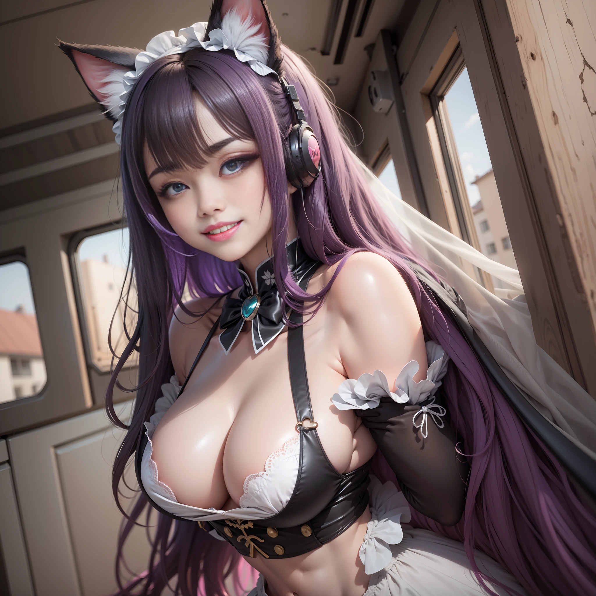 Black hair, long eyeslashes, Fake animal ears, Light smile, Fang, Purple hair, Black hair, ponytailhair, Twin-tailed, Very long hair, widow peak, Hair ribbon, maid headdress, mouth veil, Earphone, flowers in head, Heart-shaped pupils, aqua eyes, Purple eyes, Pink eyes, Fox ears, Cat ears, grin, Naughty face, Light blush, chin grab, shadowing, stereograms, tachi-e, Atmospheric perspective, hyper photorealism, 8K, Super detail, ccurate, Best Quality, A high resolution, High quality, Anatomically correct, 巨作， A beautyful girl，crisp breasts