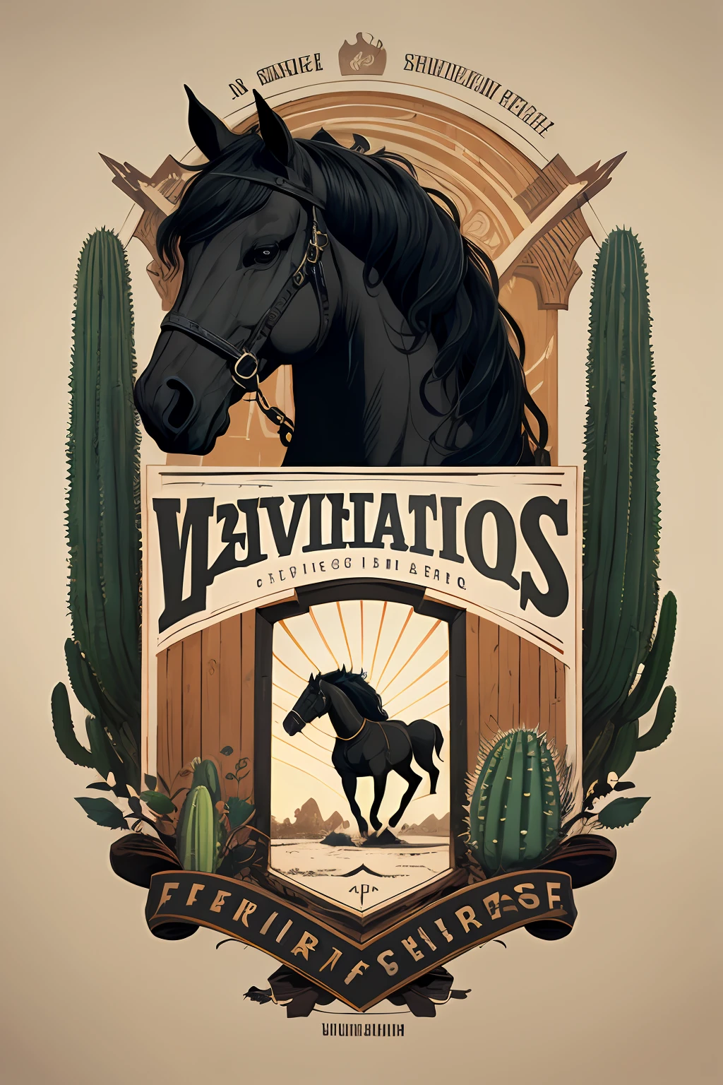 Logotipo de cavalo, silhuetas, vetorial, Wild West Stile, Faroeste, moldura redonda, cinematographic, geometrical forms, Preto e branco, estilo rock and roll, cactos ao redor
